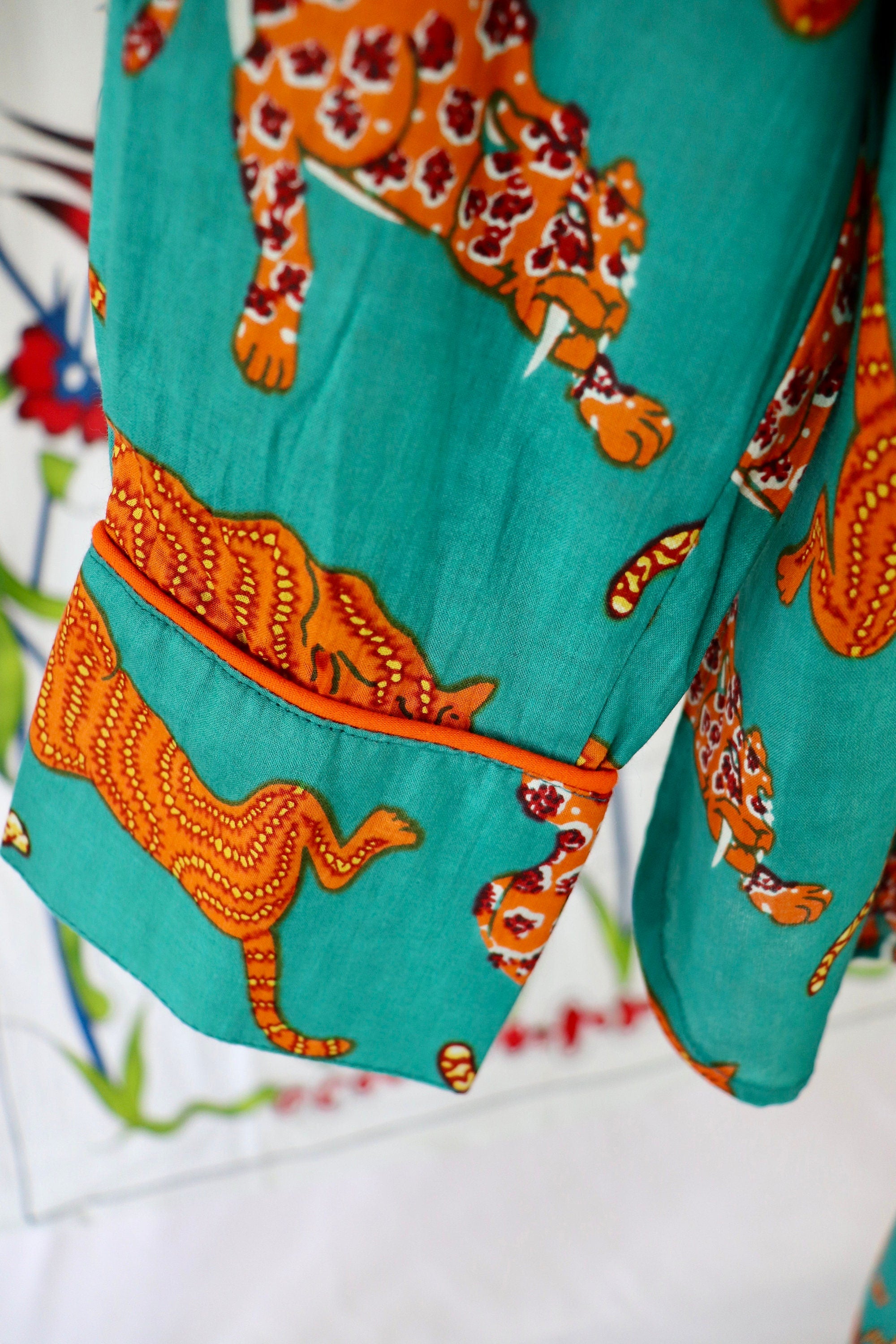 Cotton Pyjama Set: Orange Panther Print, Green Piping
