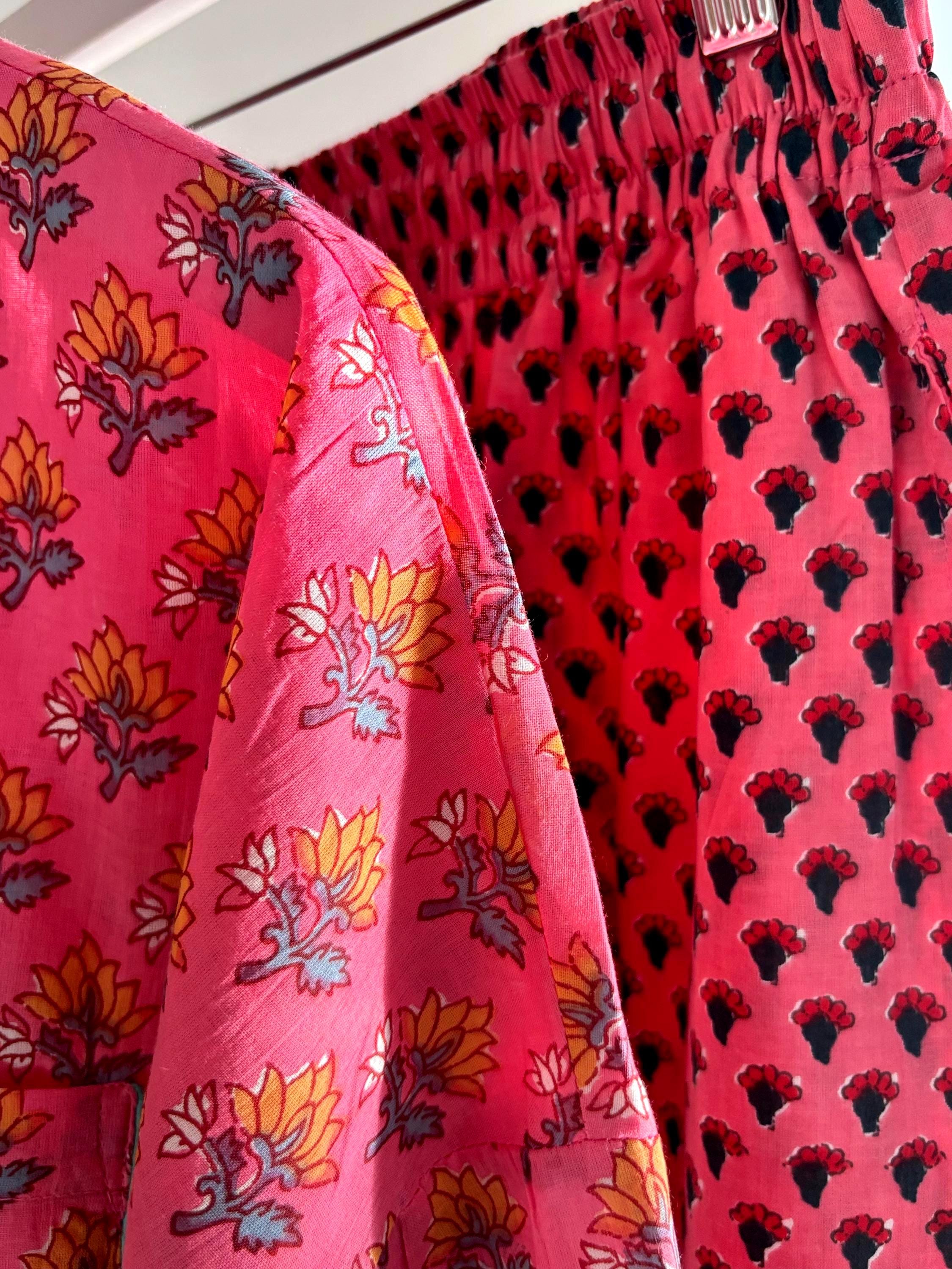 pyjama woman set coordinate  light cotton with yellow  flower on pink base