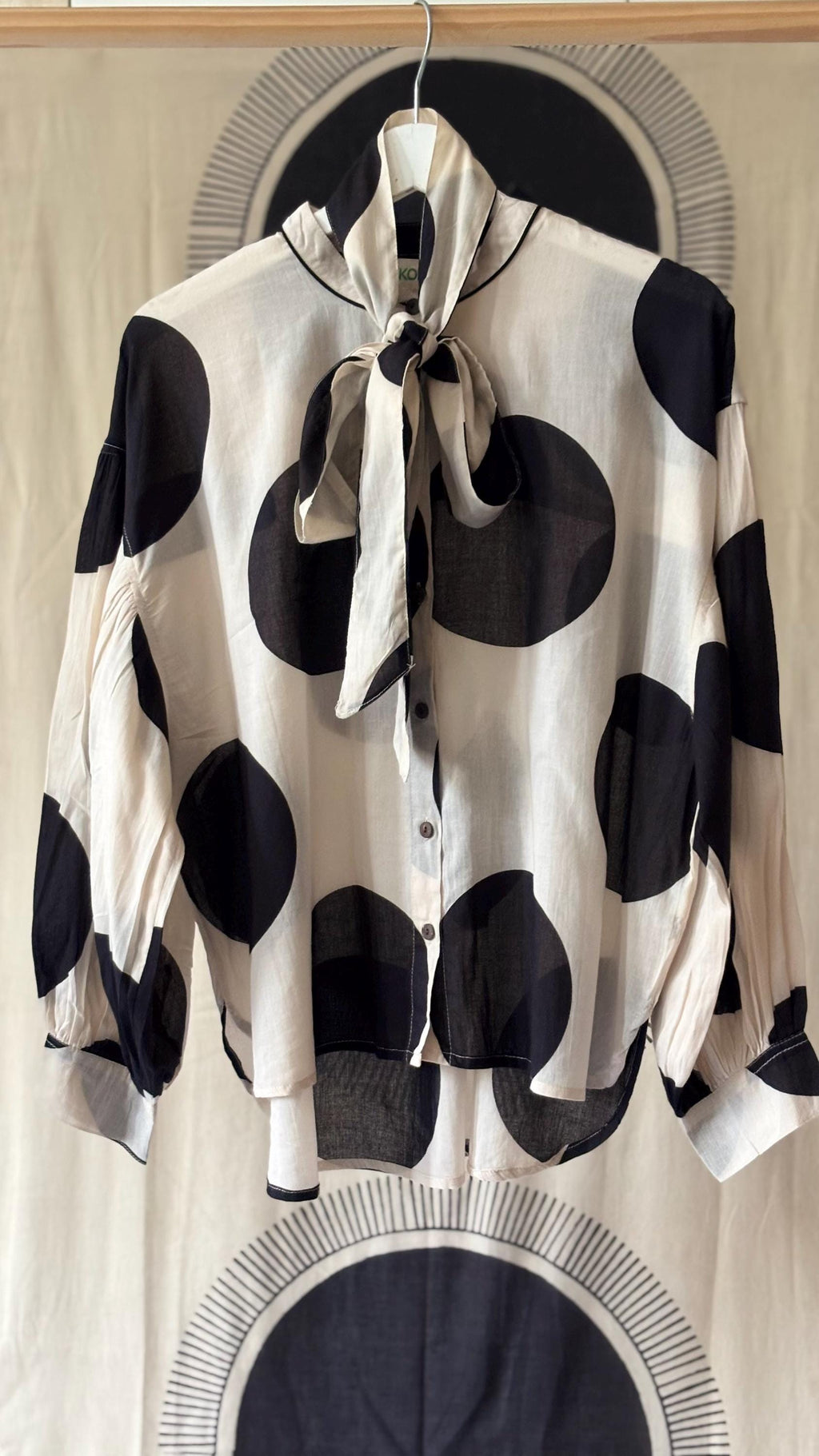 Oversized Cotton Polka Dot Blouse: Pussy Bow, Long Sleeves