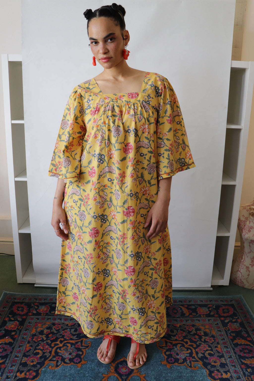 Floral Cotton Summer Dress: Yellow Block-Print Lounge Dress