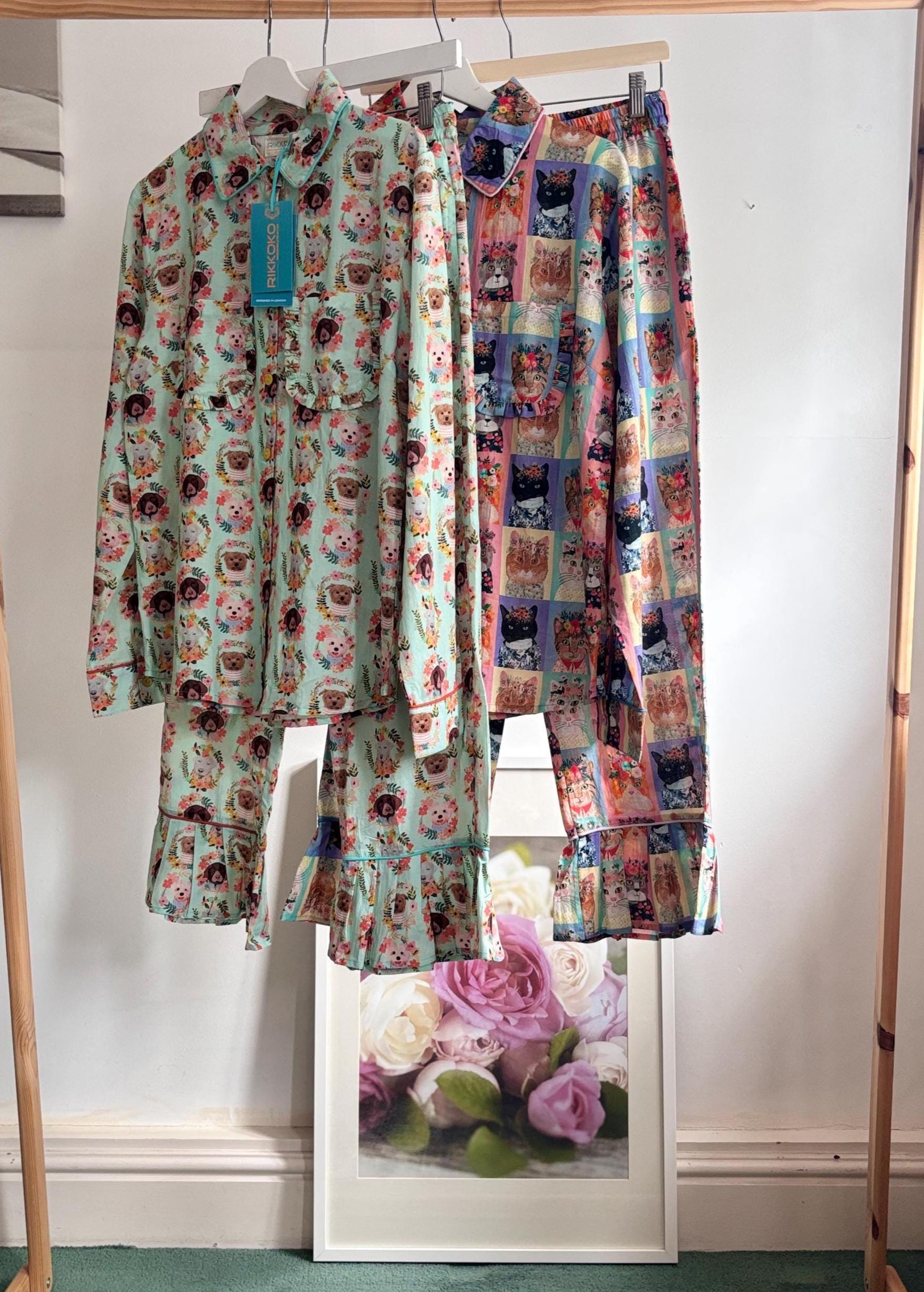 Pyjama cotton set coordinate  with frills  and pocket on quirky  DOGS PUPPY  print