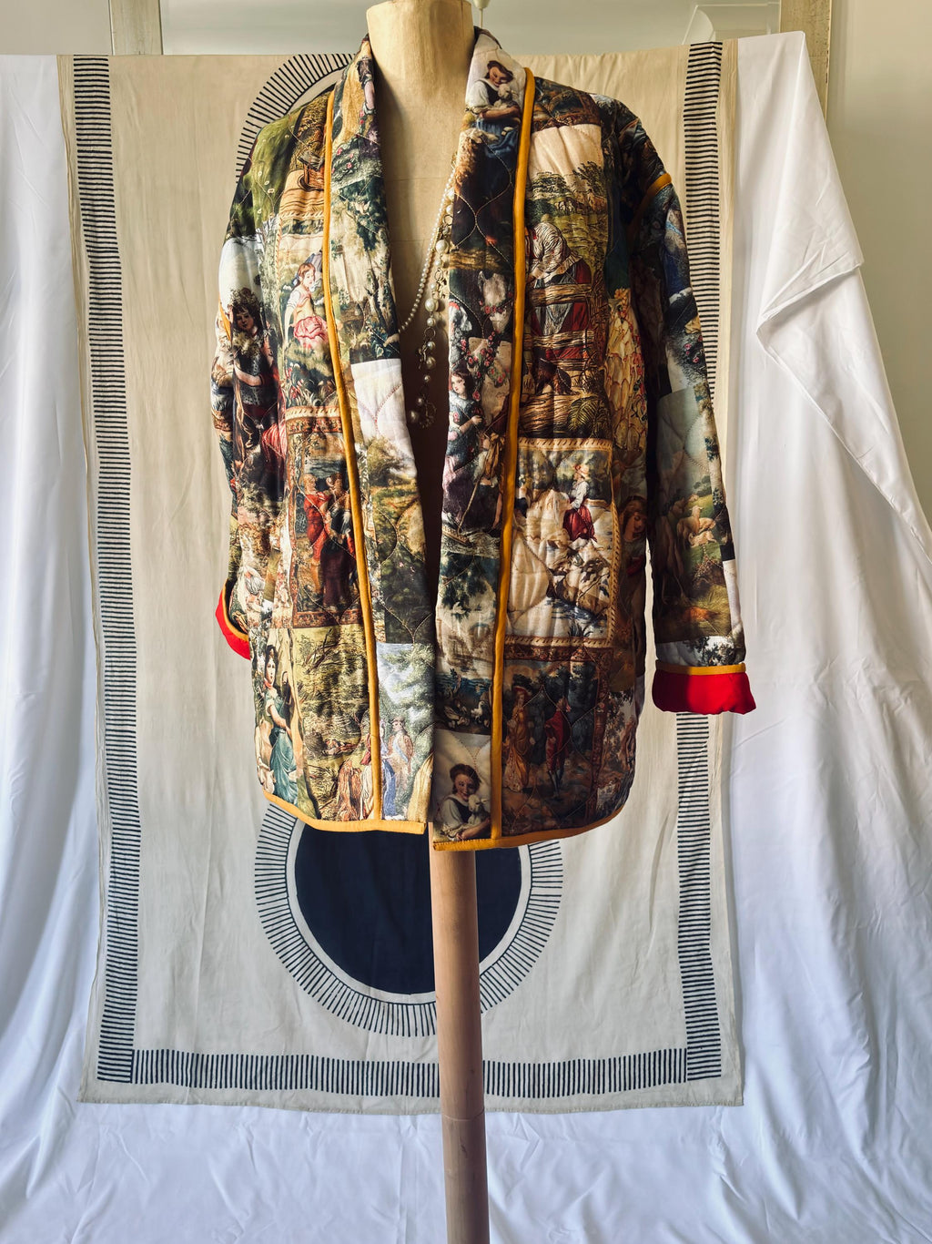 Padded Robe Jacket: Romantic Painting Print, Green/Yellow Piping in cotton and digital print