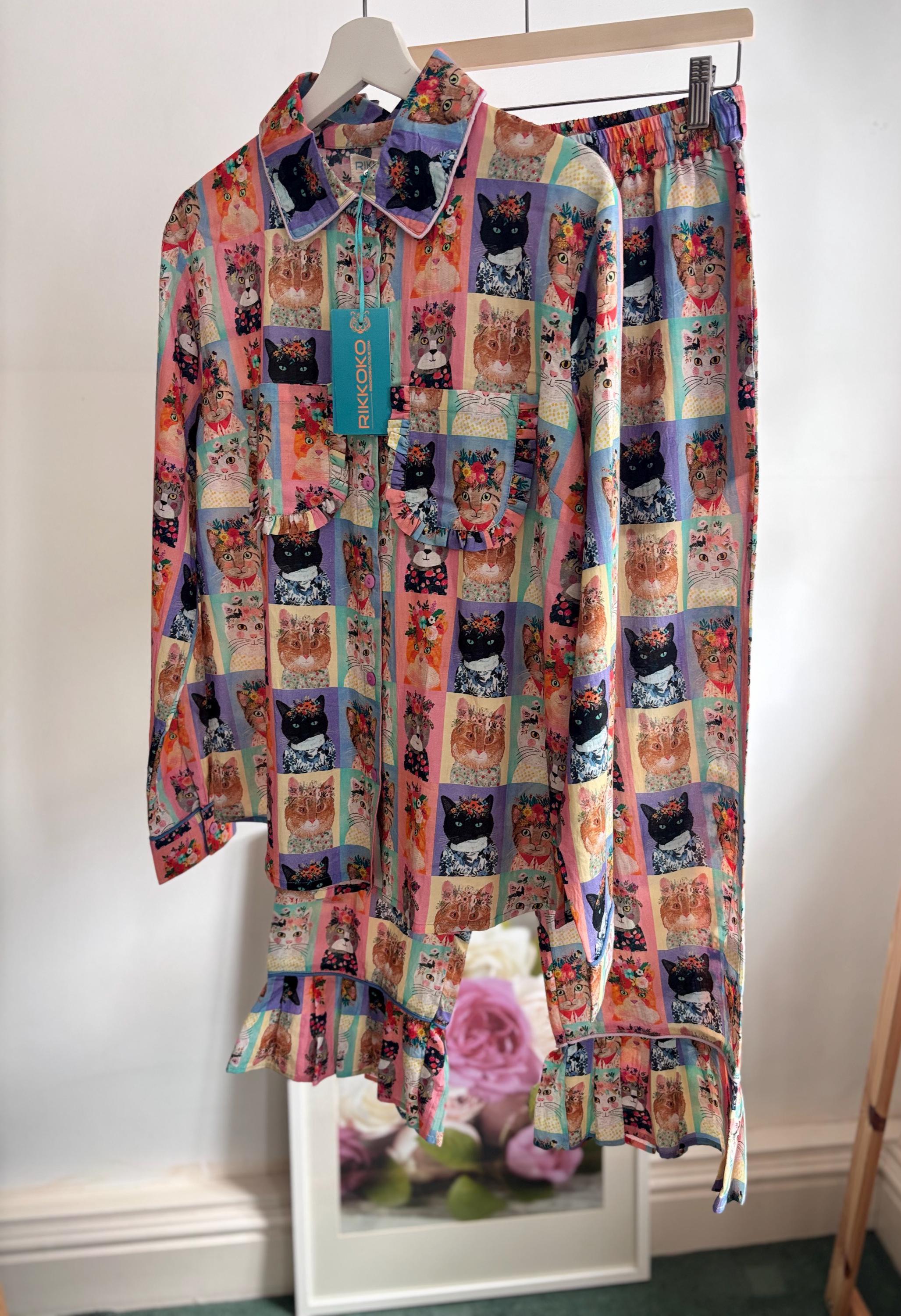 WOMAN Cotton Pyjama Set  Cats Print, with frills on a pastel palette