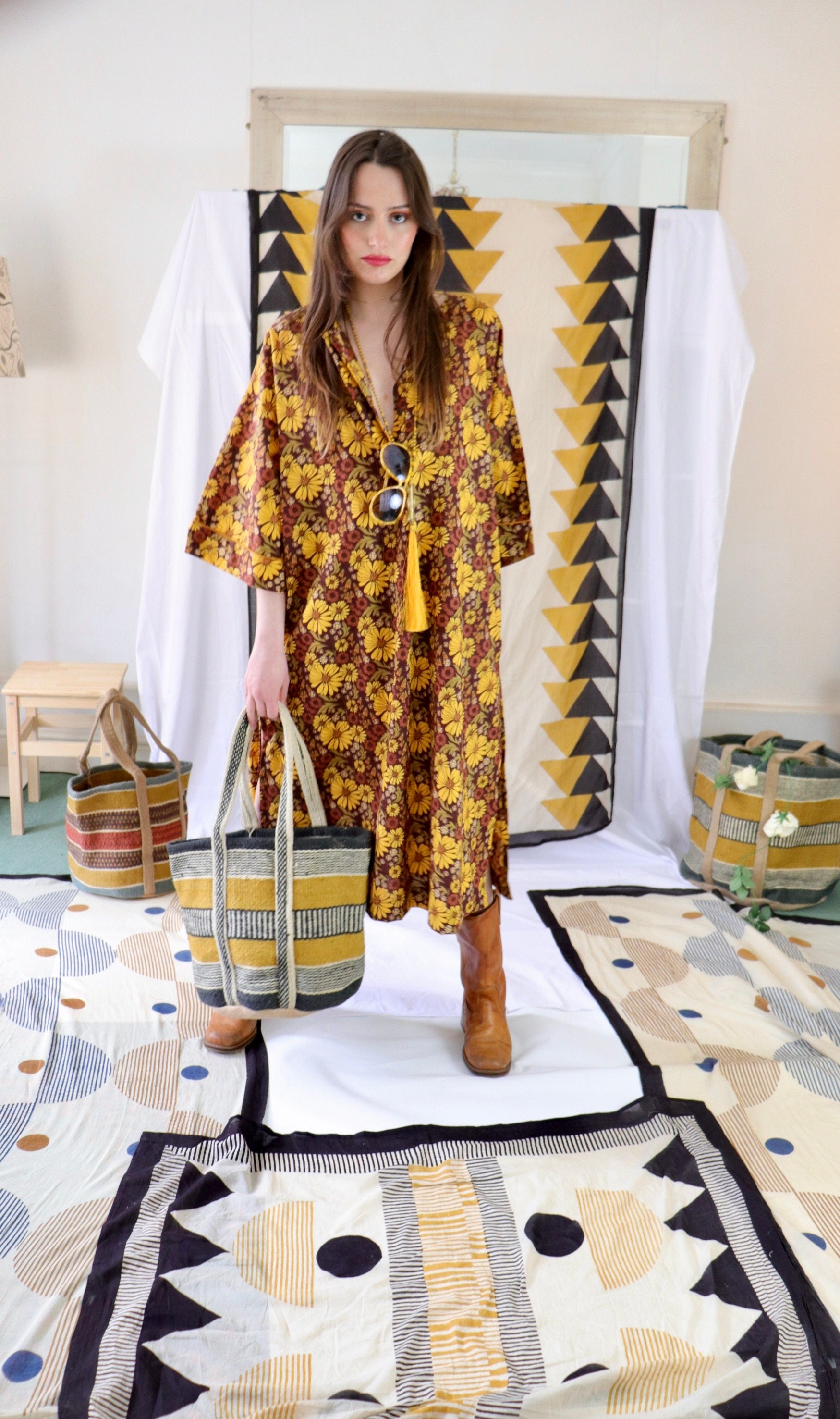 Floral Print Cotton Kaftan Tunic Dress