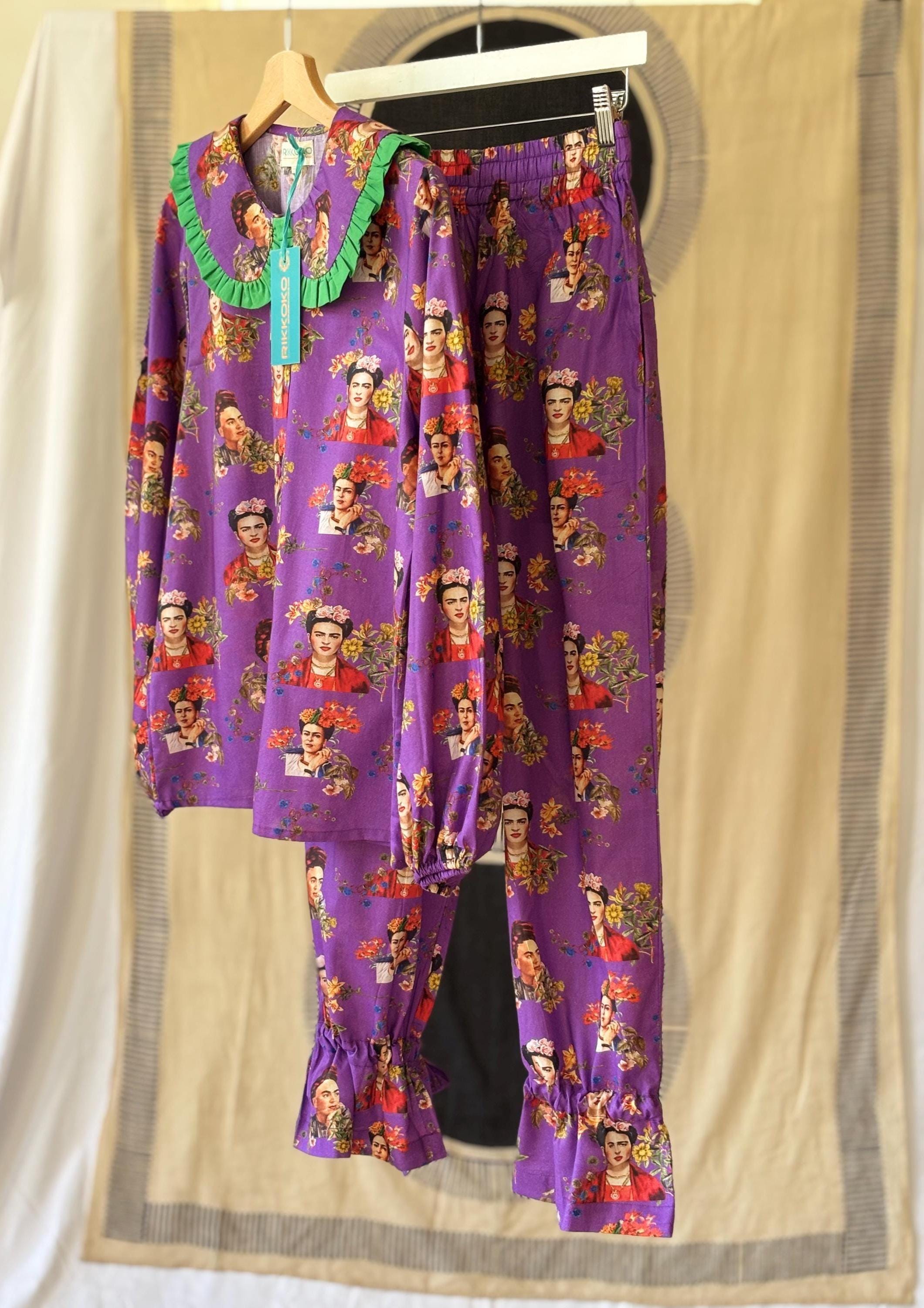 Frida Kahlo Print Cotton Pajama Set: Victorian Style Purple Loungewear