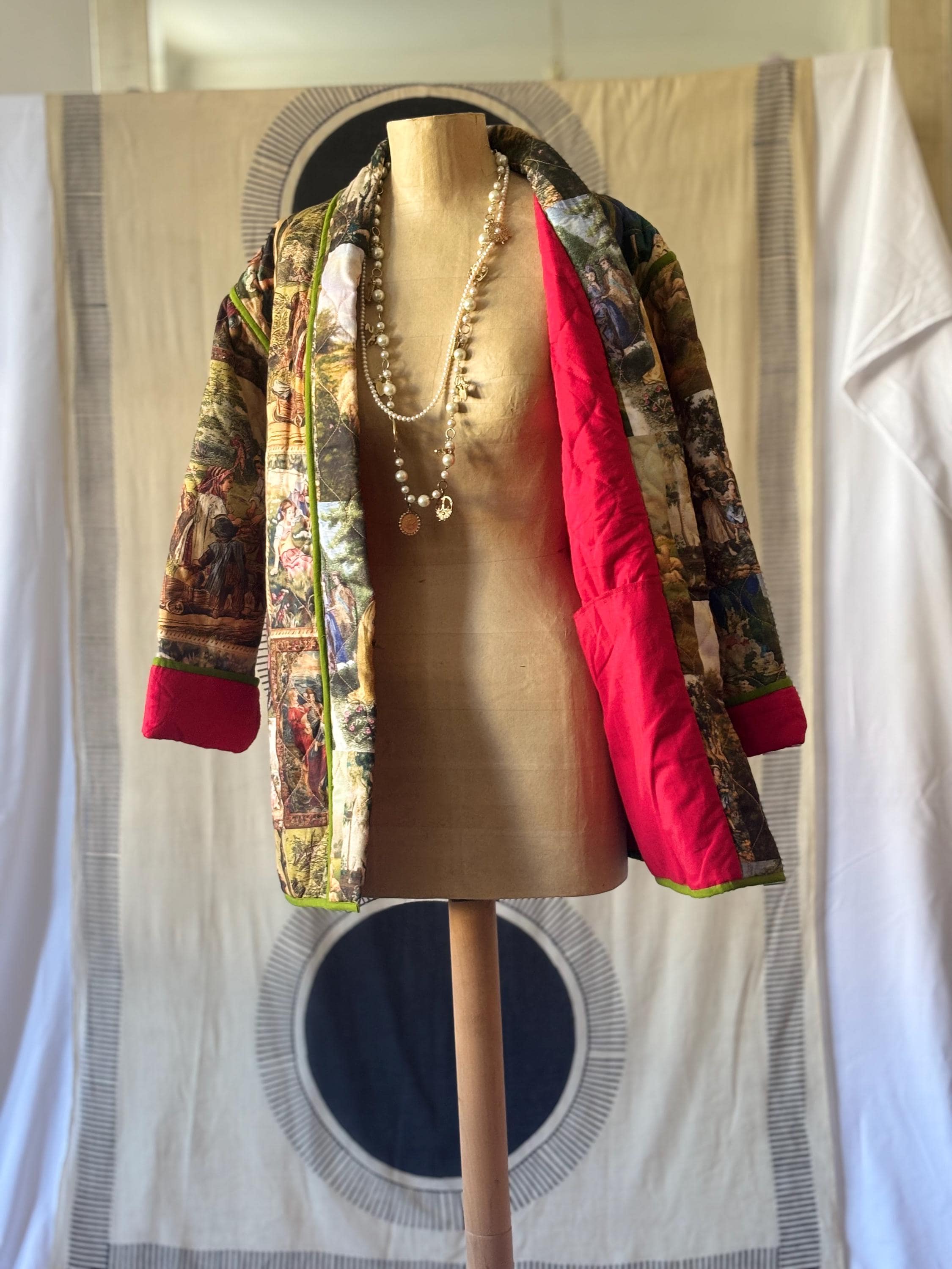 Padded Robe Jacket: Romantic Painting Print, Green/Yellow Piping in cotton and digital print