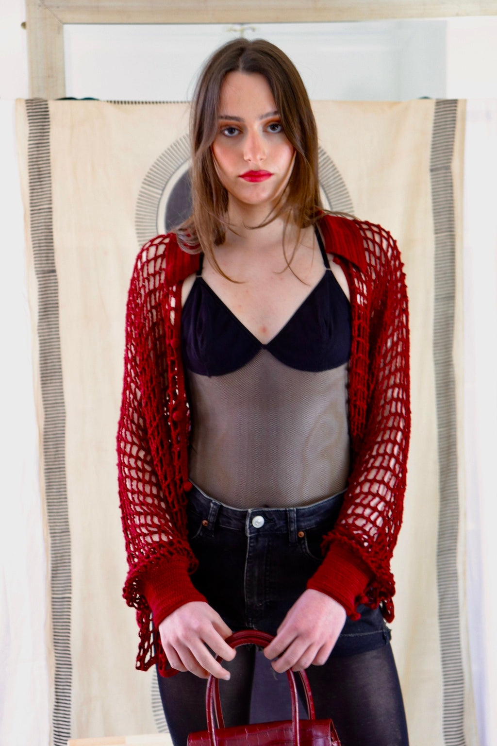 crochet  blouse shirt BLOUSE  burgundy cotton net handmade