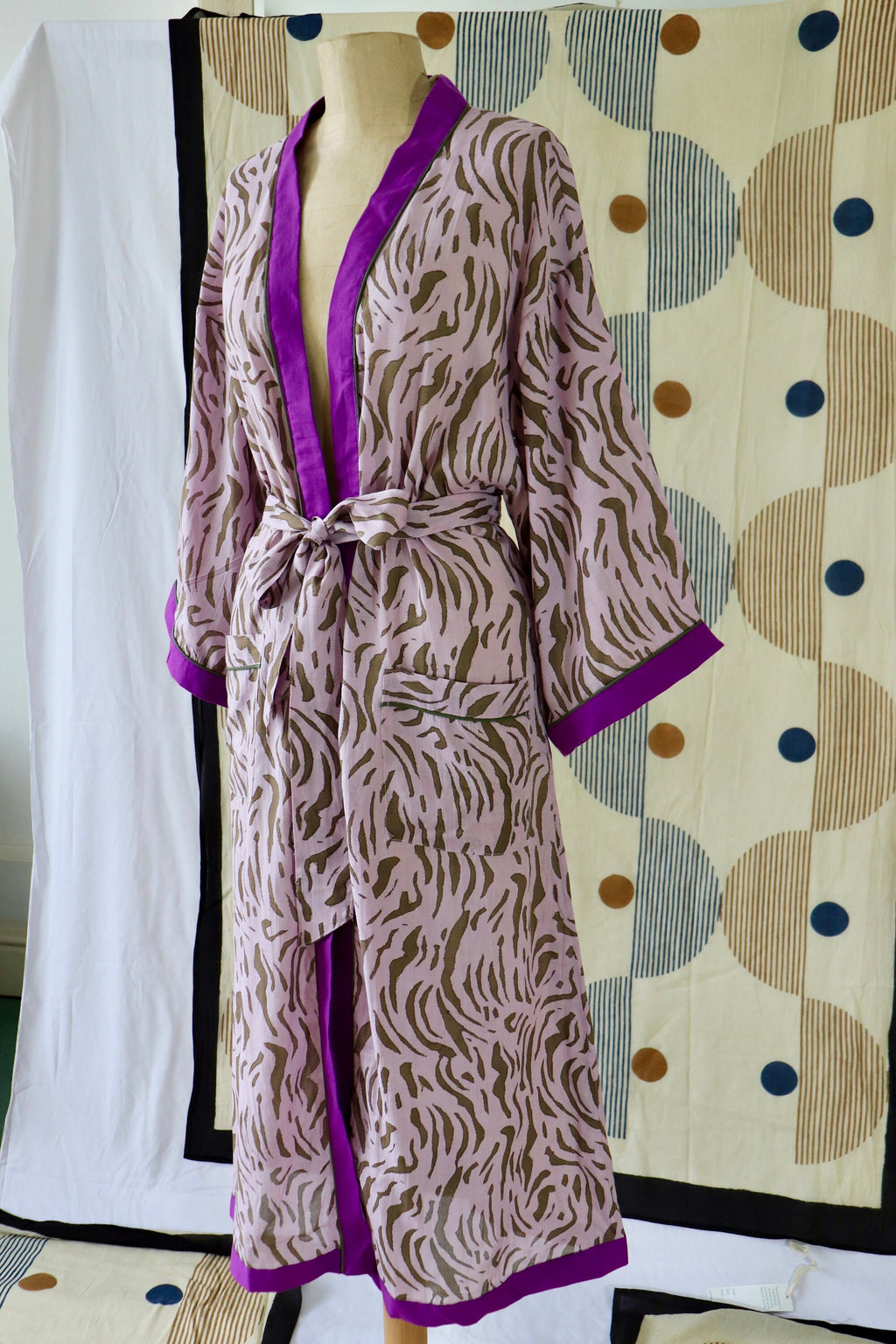 Animal Print Cotton Kimono Robe: Handmade Violet Loungewear