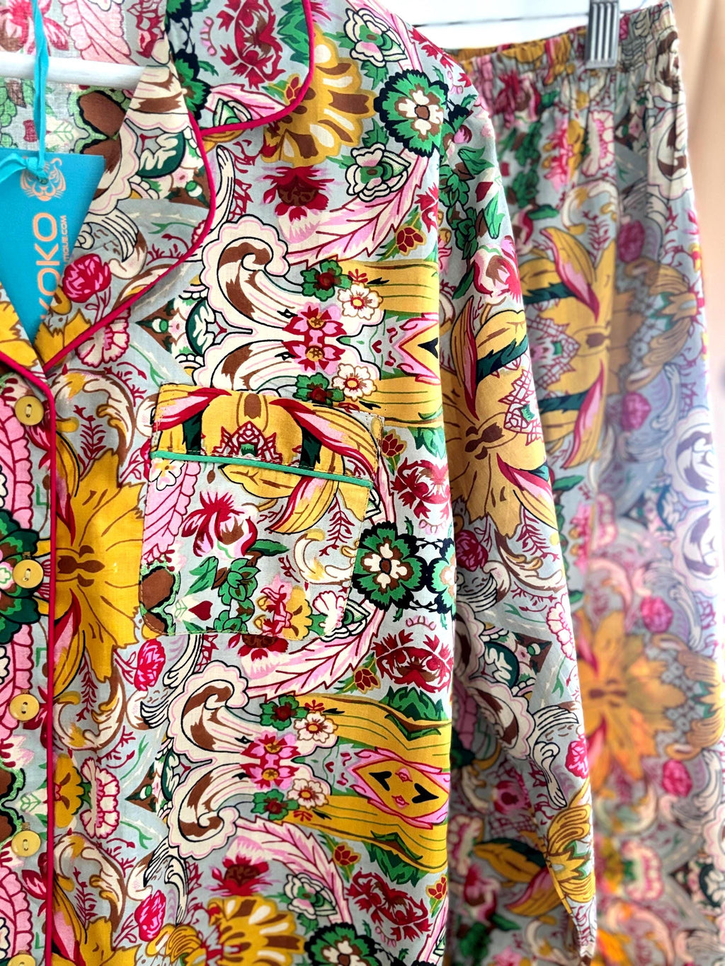 Woman Pyjama cotton Set  Yellow Prism Print and Contrast Piping long pants and sleeves