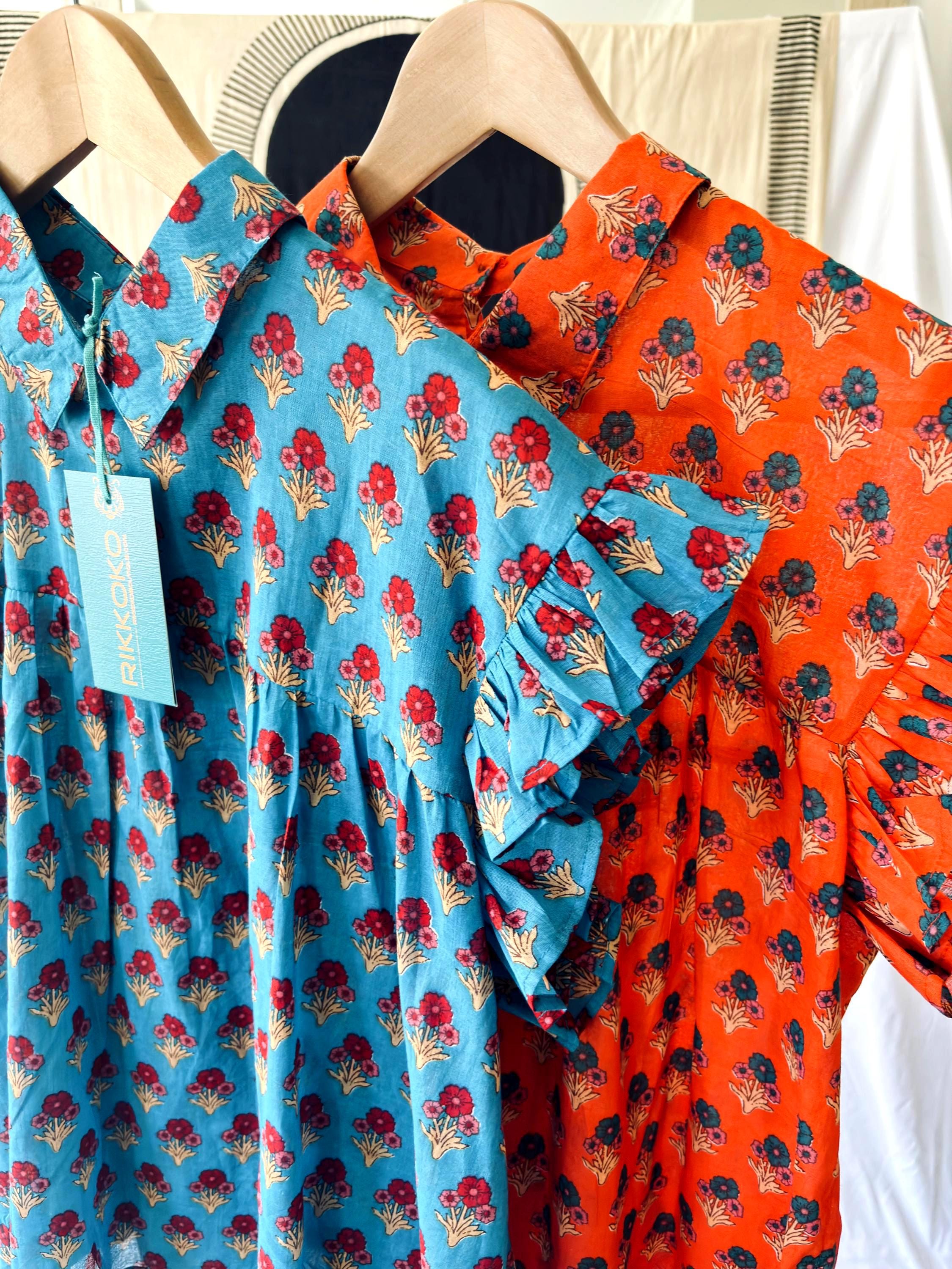 Floral blouse | 100% cotton sleeveless summer block print | orange | blue | cream