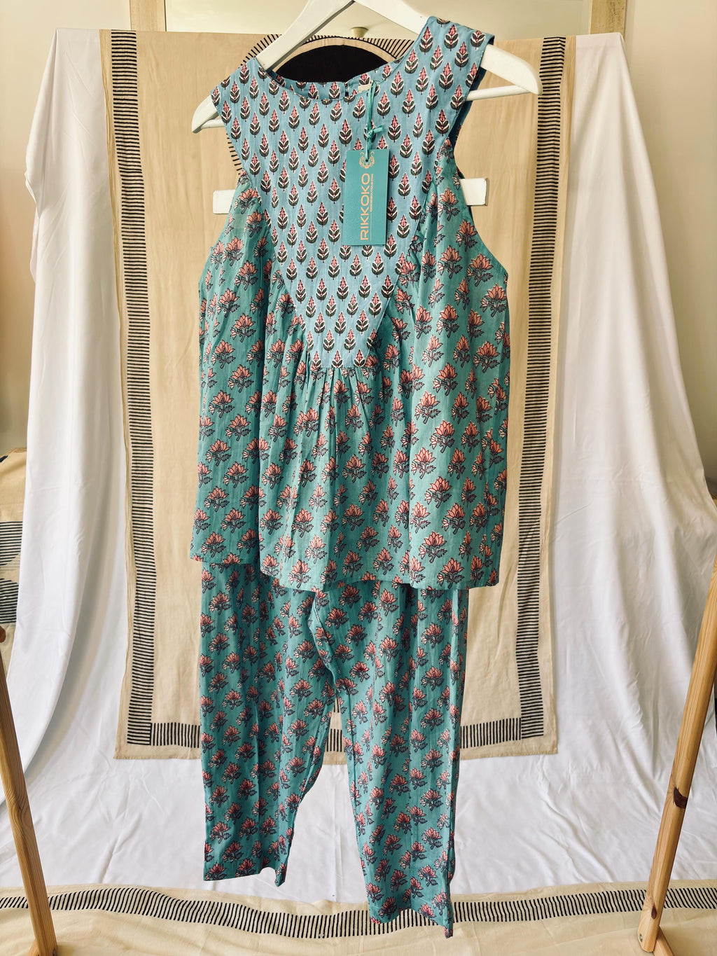 Floral Block Print Cotton Coordinate Set: Sleeveless Top & High-Waisted Pants