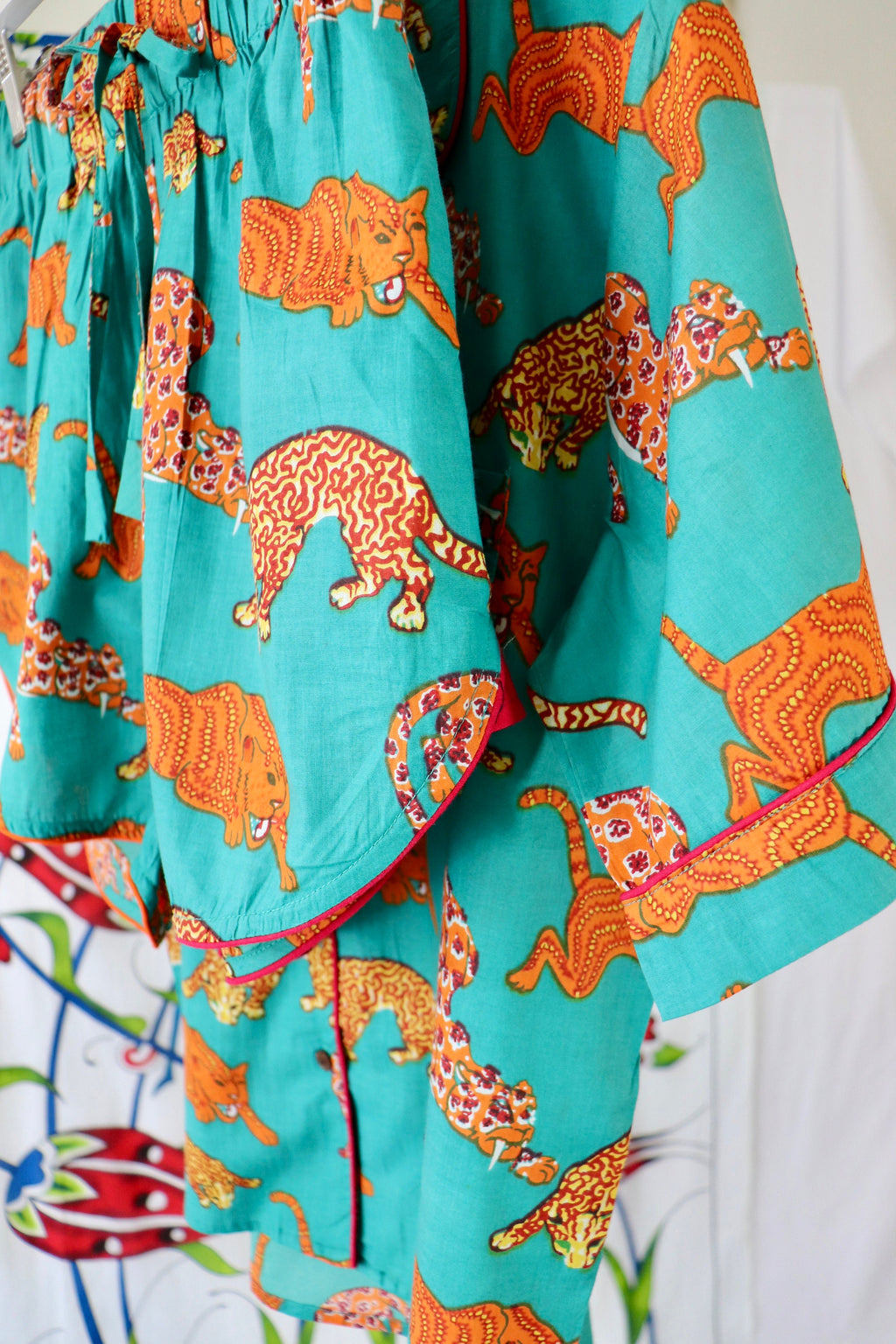 Cotton Pyjama Set: Green Orange Panther Print, Short Sleeve Piped Loungewear
