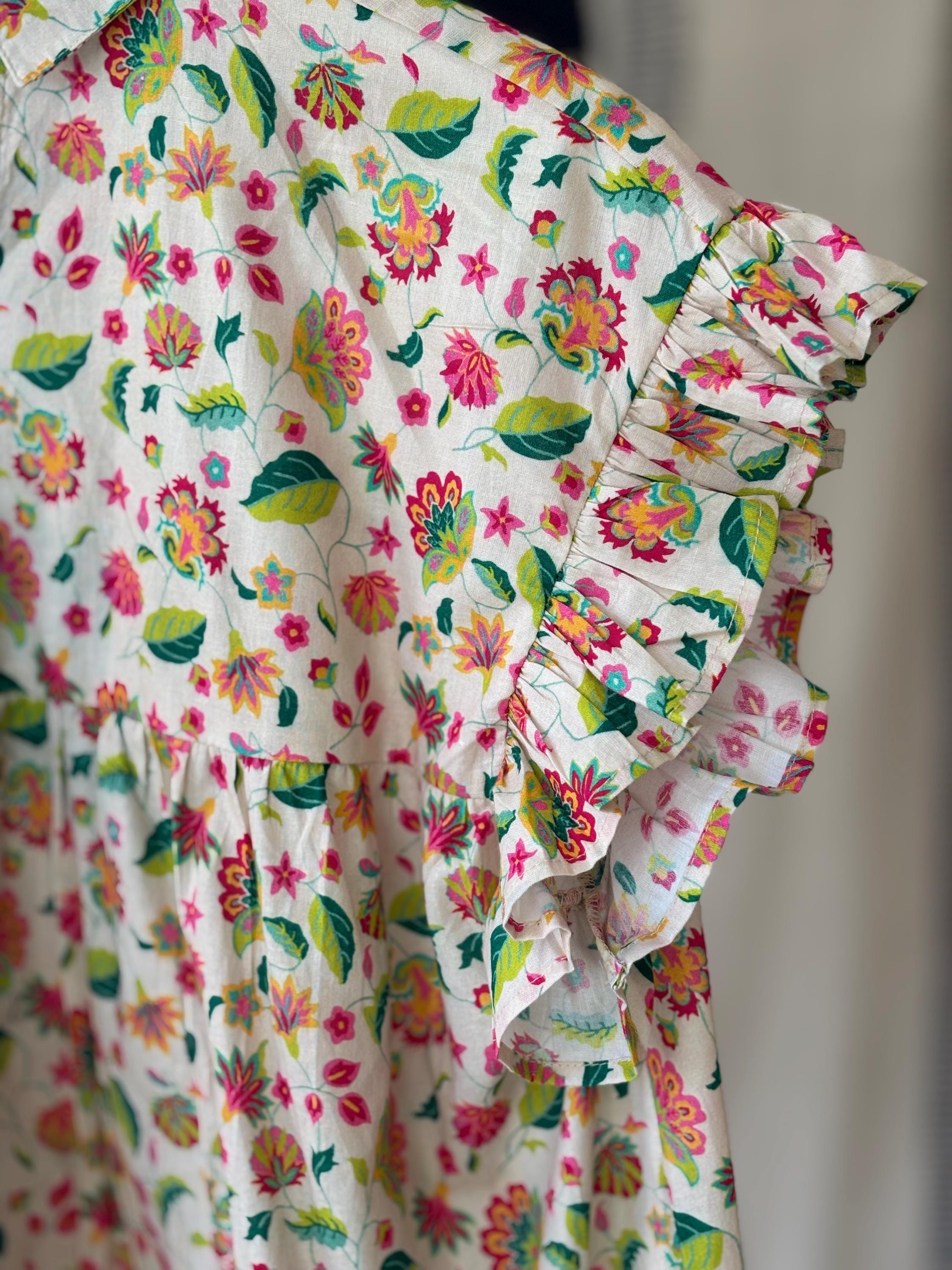 Floral blouse | 100% cotton sleeveless summer block print | orange | blue | cream