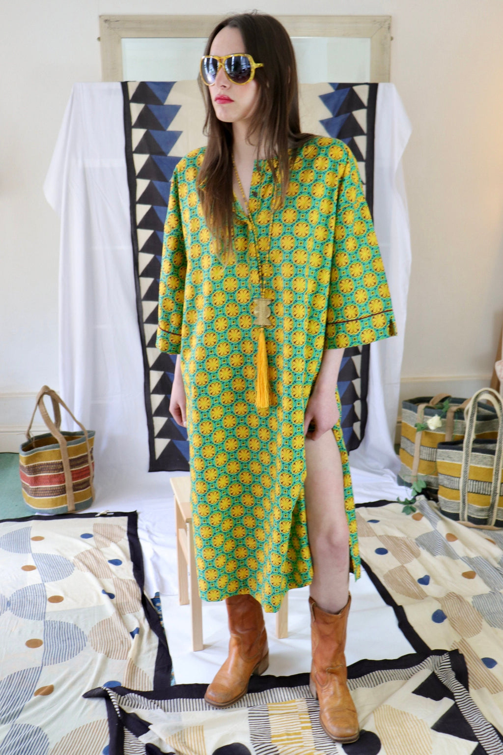Cotton Kaftan Shirt|dress Floral Print Tunic on a light green and yellow palette