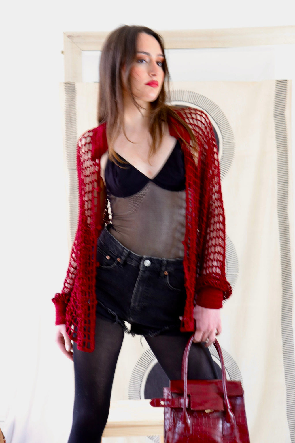 crochet  blouse shirt BLOUSE  burgundy cotton net handmade