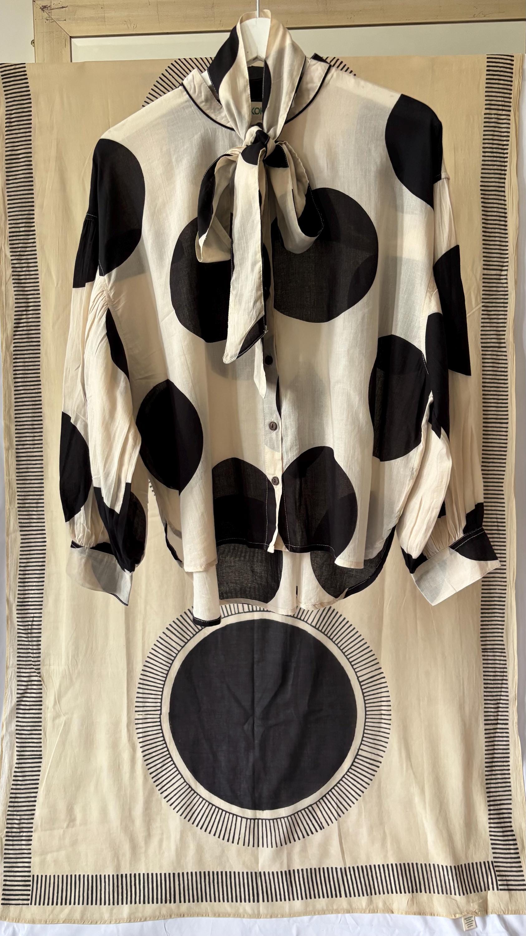 Oversized Cotton Polka Dot Blouse: Pussy Bow, Long Sleeves