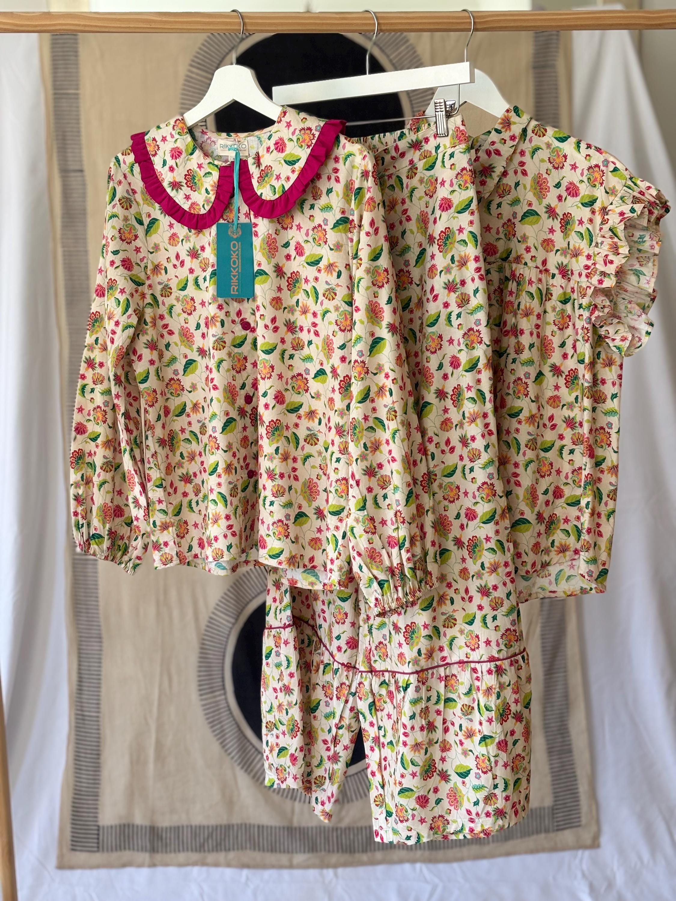 Frida Kahlo Print Cotton Pajama Set: Victorian Style Purple Loungewear