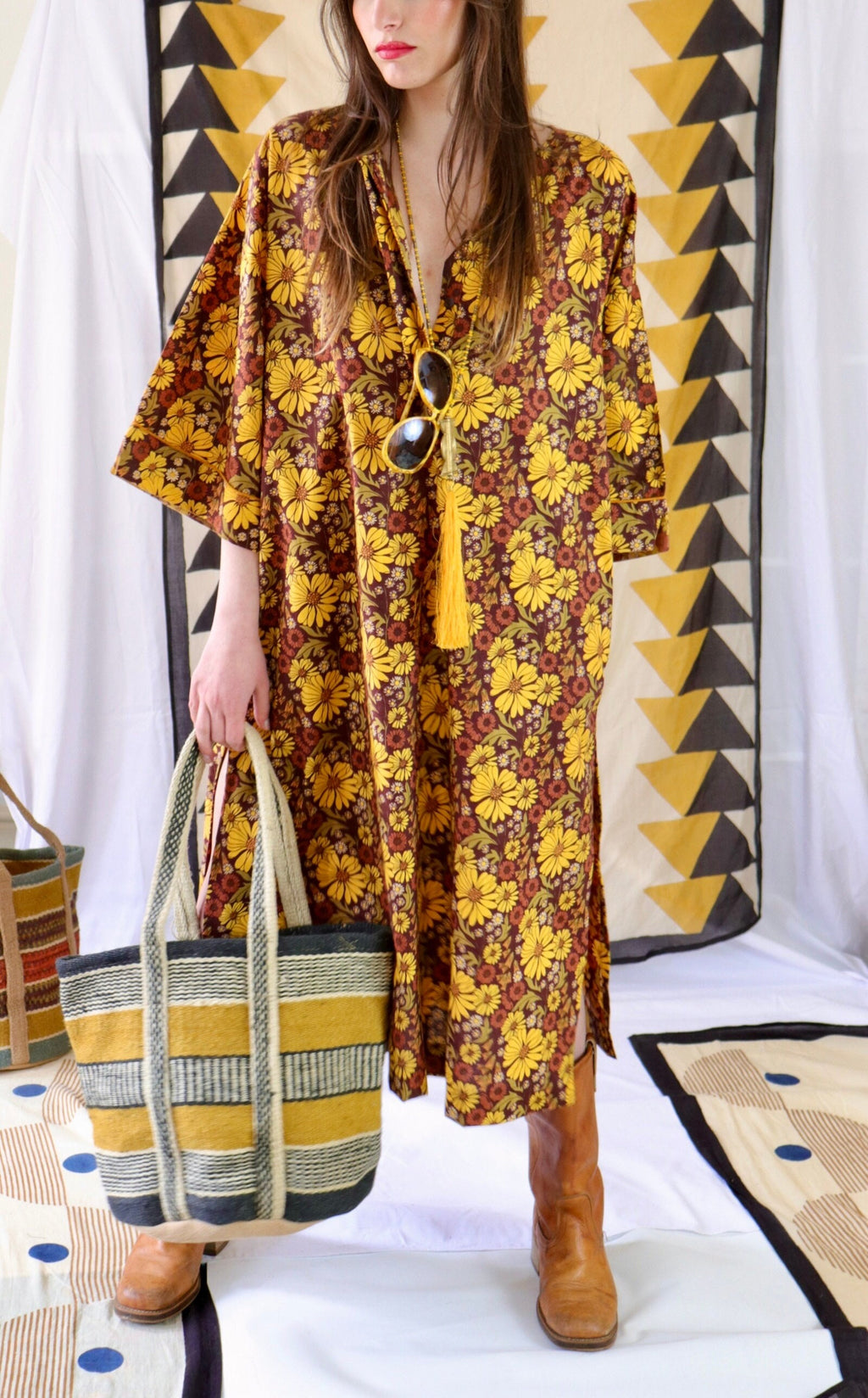 Floral Print Cotton Kaftan Tunic Dress