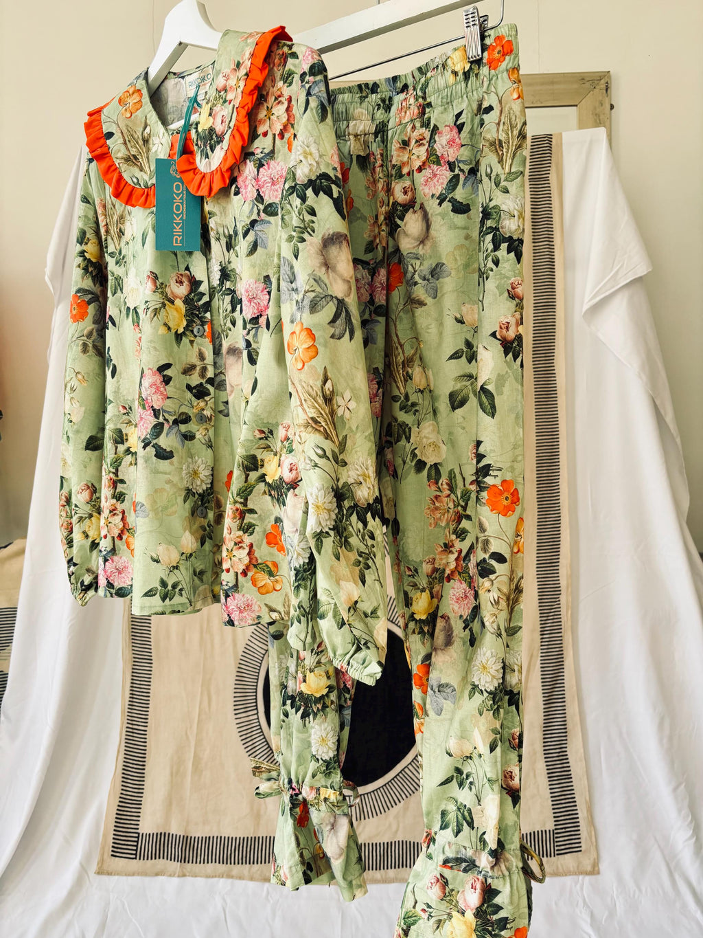 Victorian Floral Cotton Pajama Set: Sage Green & Orange Ruffle Trim