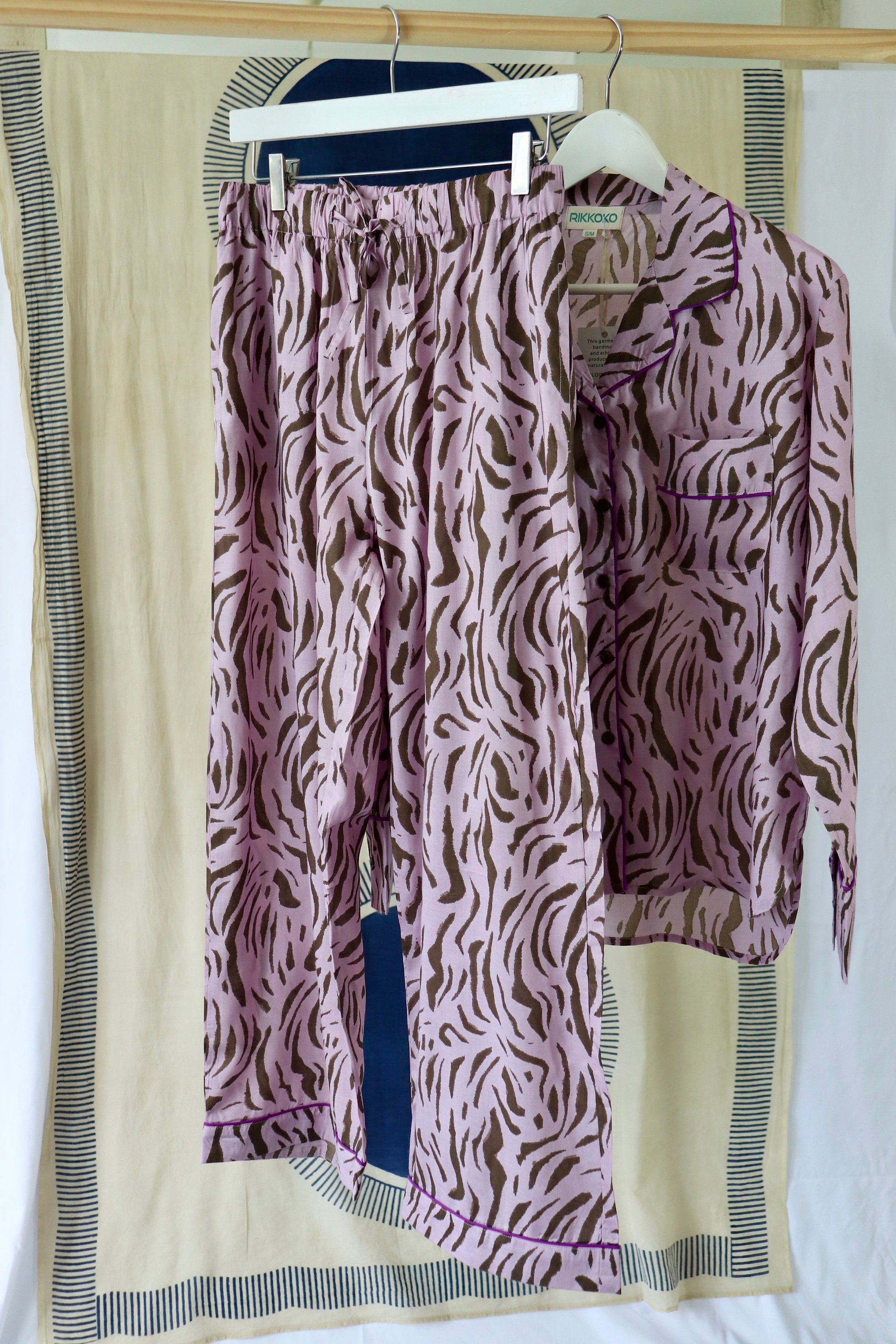 Animal Print Cotton Kimono Robe: Handmade Violet Loungewear