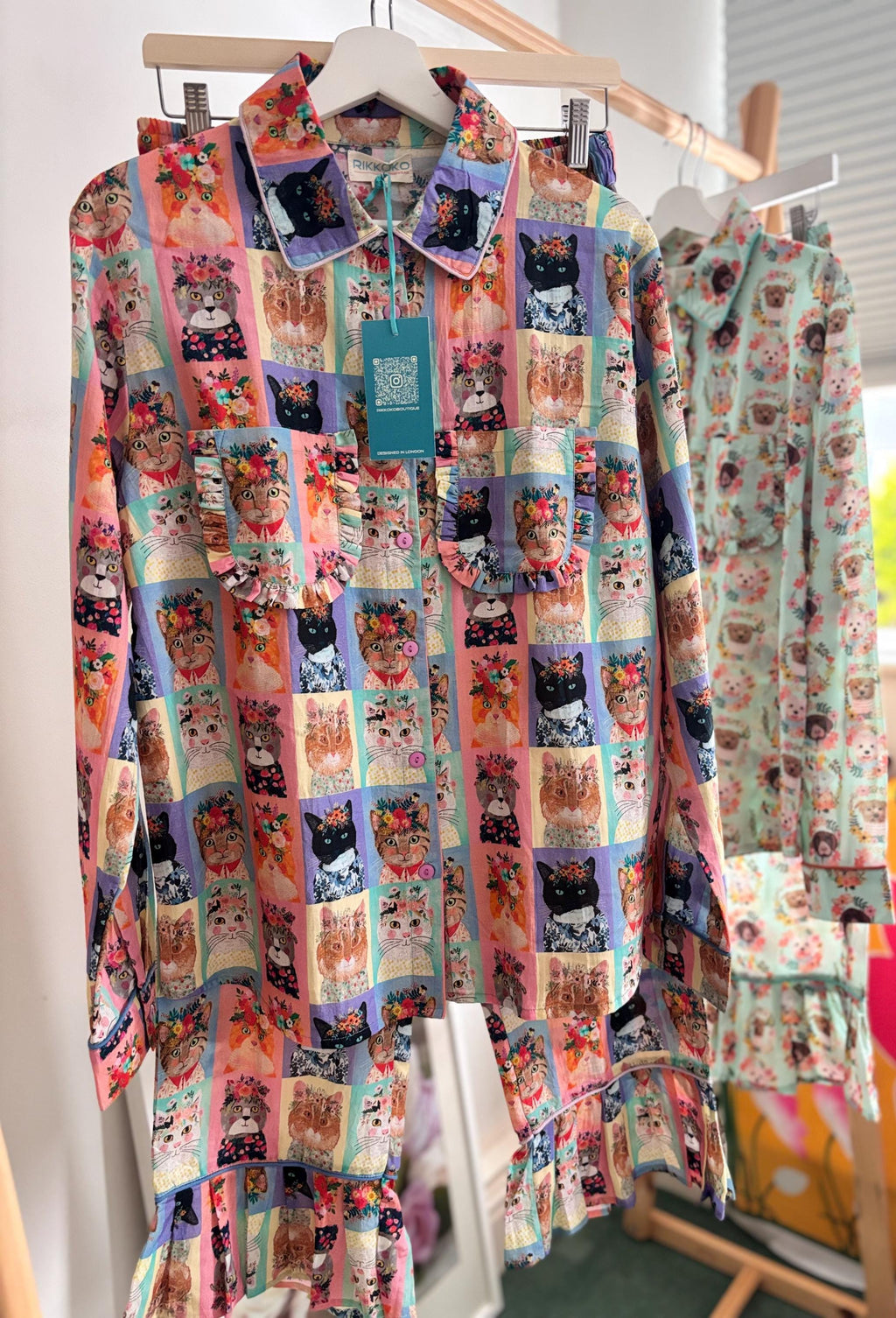 WOMAN Cotton Pyjama Set  Cats Print, with frills on a pastel palette