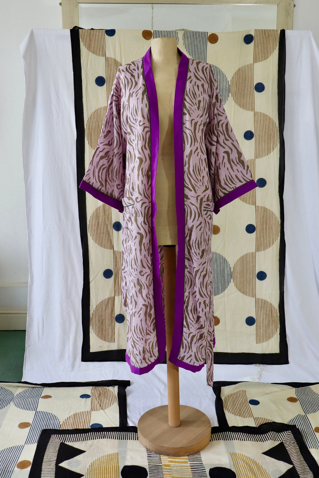 Animal Print Cotton Kimono Robe: Handmade Violet Loungewear
