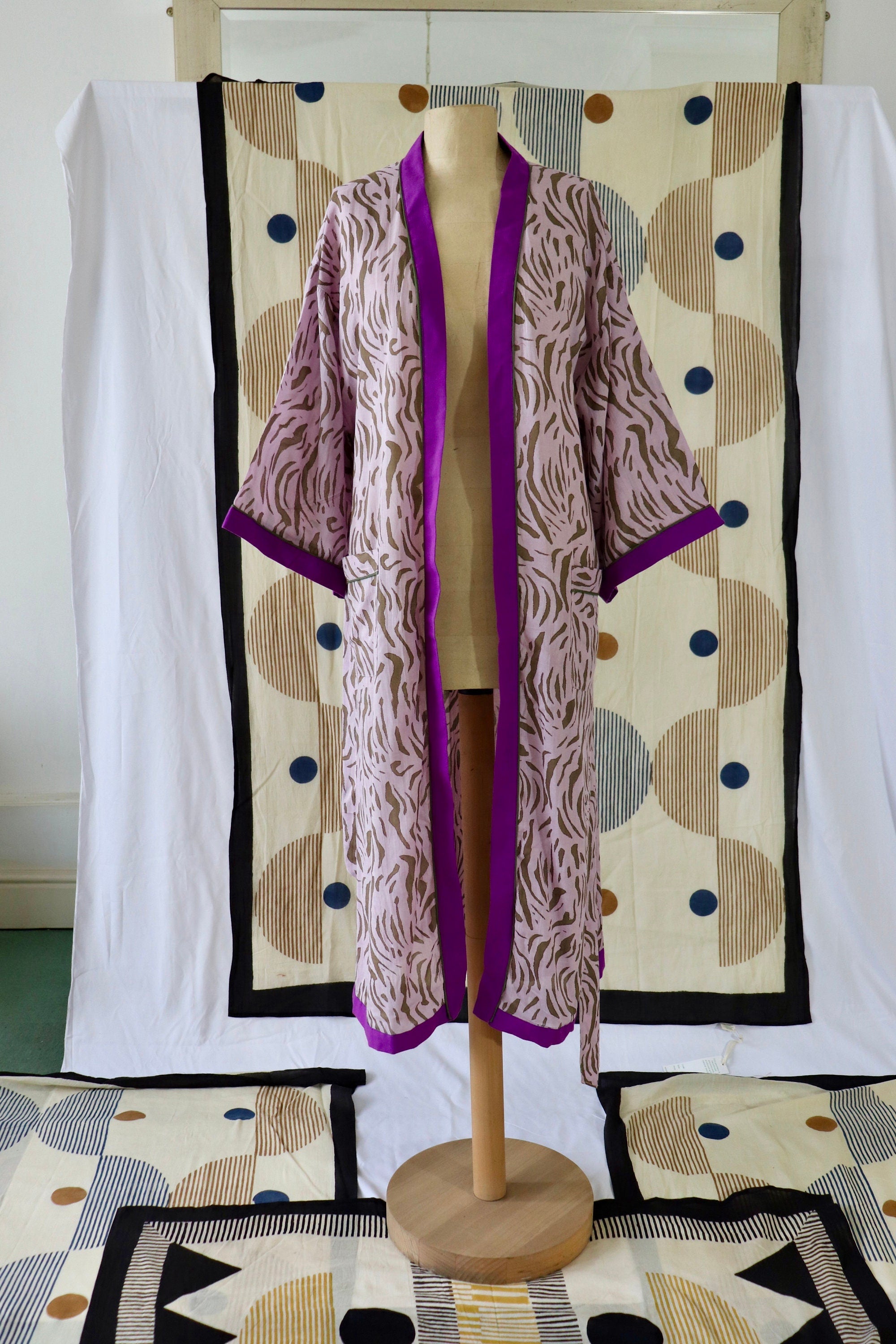 Animal Print Cotton Kimono Robe: Handmade Violet Loungewear