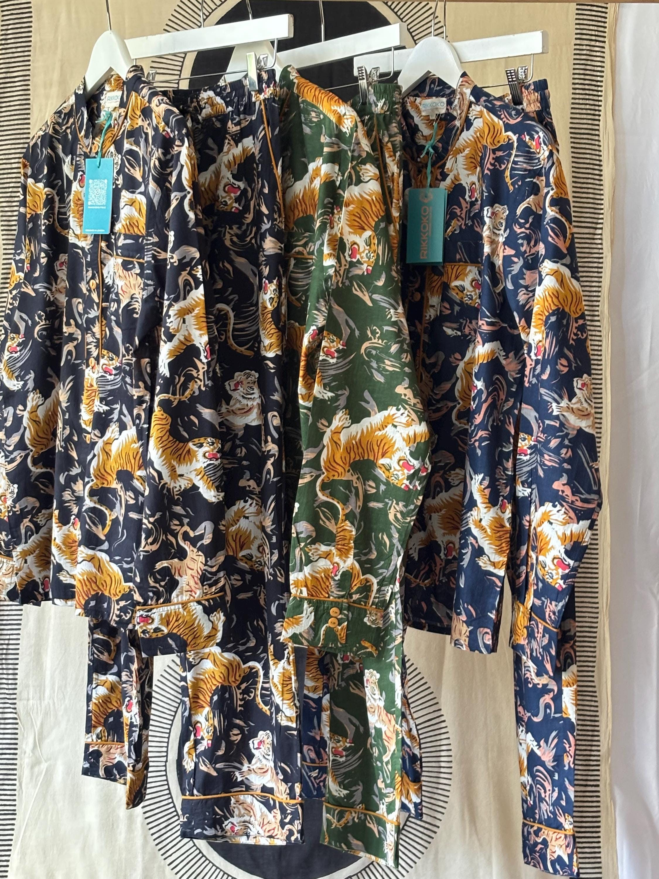 Men's Cotton Tiger Print Pajama Set: Black, Blue, Green