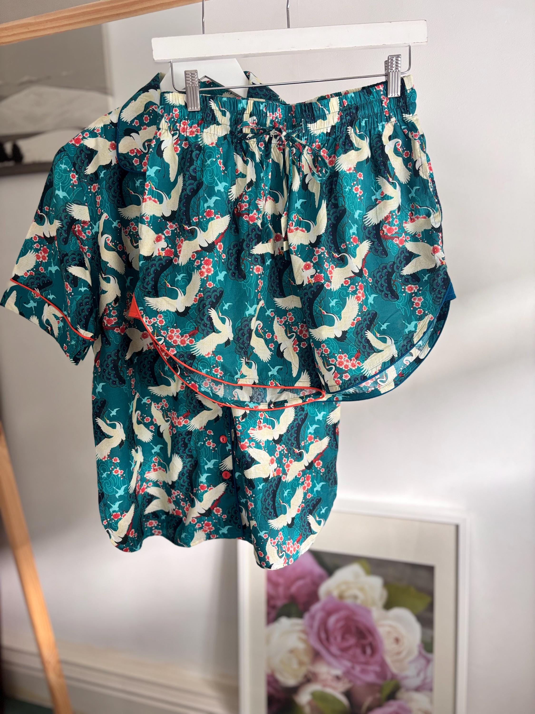 Lobster Print Cotton Pajama Set: Short Sleeve Top & Shorts with Piping