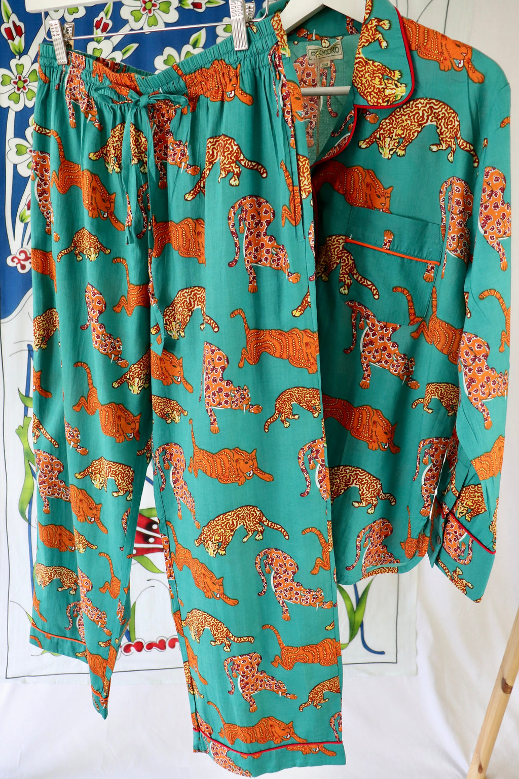 Cotton Pyjama Set: Orange Panther Print, Green Piping