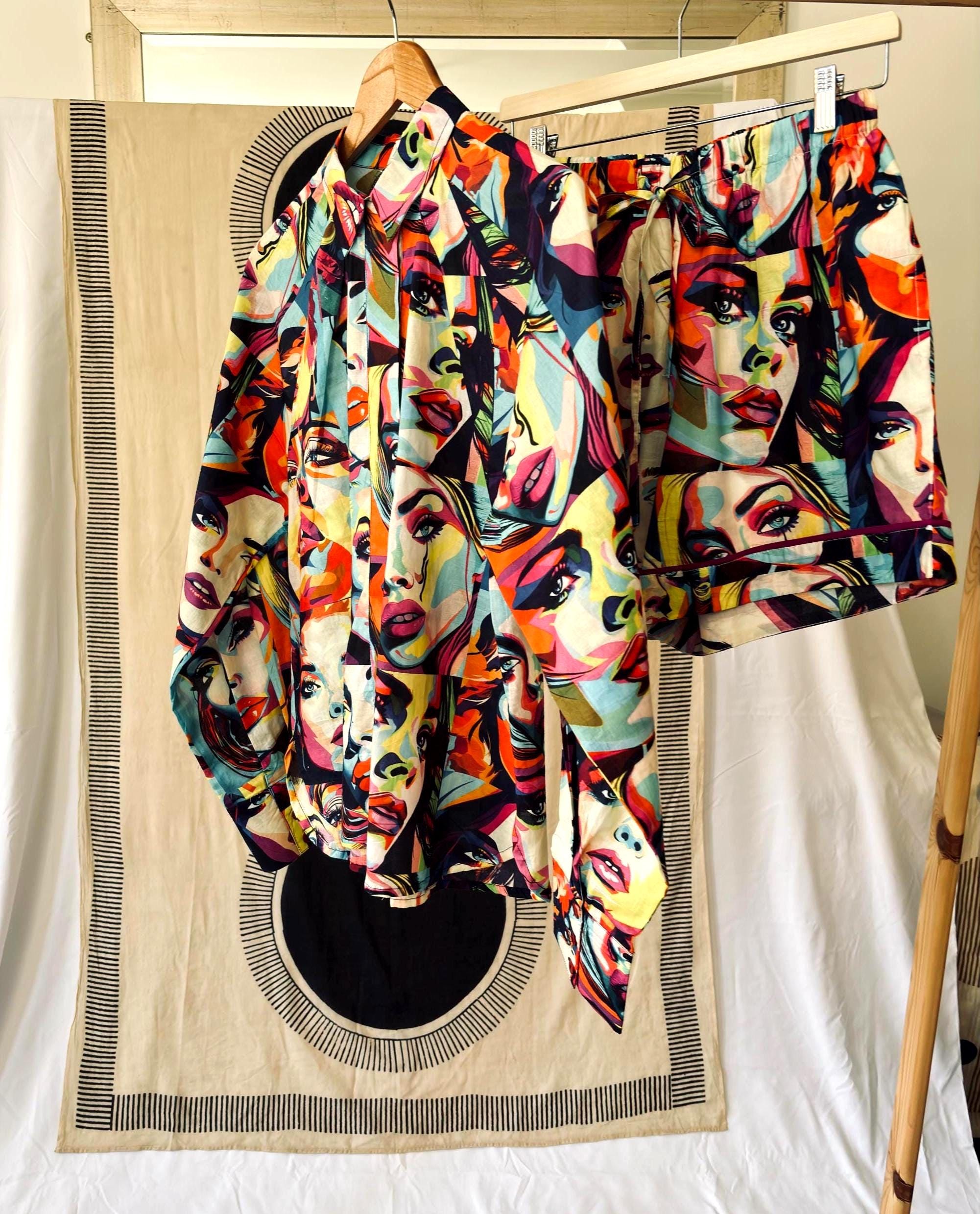 Woman shirt modern style  pop- art print multi-colours woman  in pure cotton