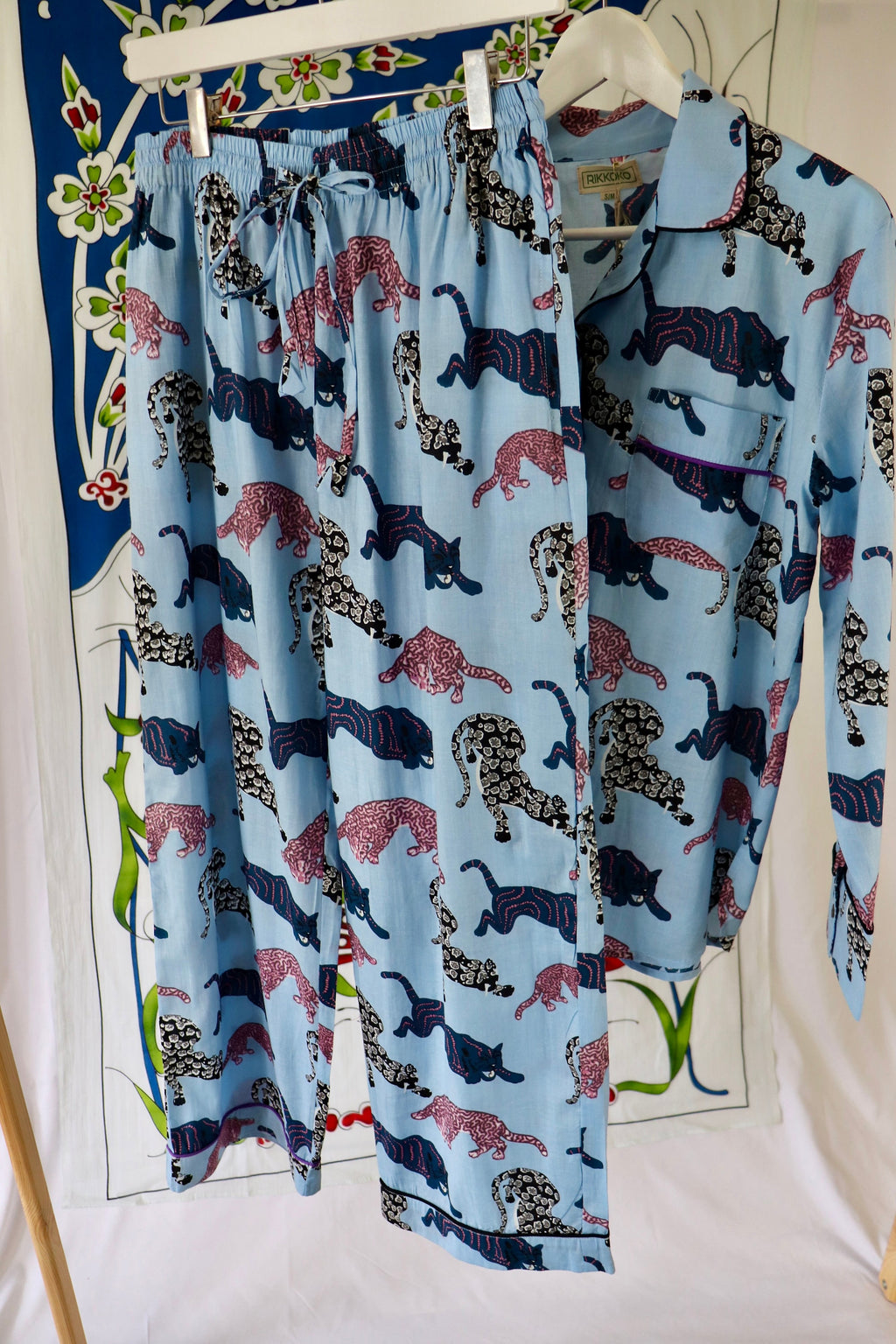 Panther Print Cotton Pajama Set: Blue Long Sleeve Loungewear