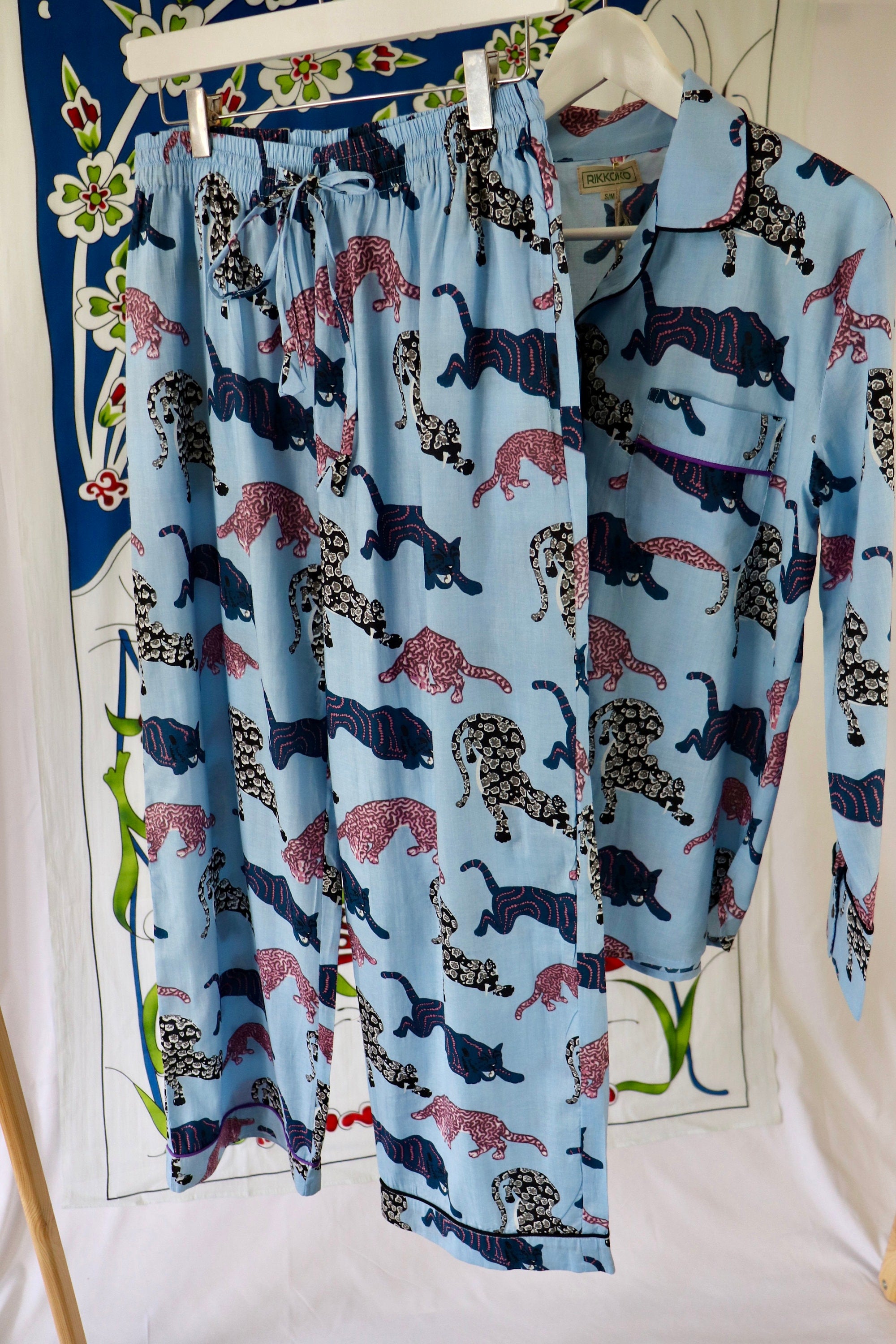 Panther Print Cotton Pajama Set: Blue Long Sleeve Loungewear