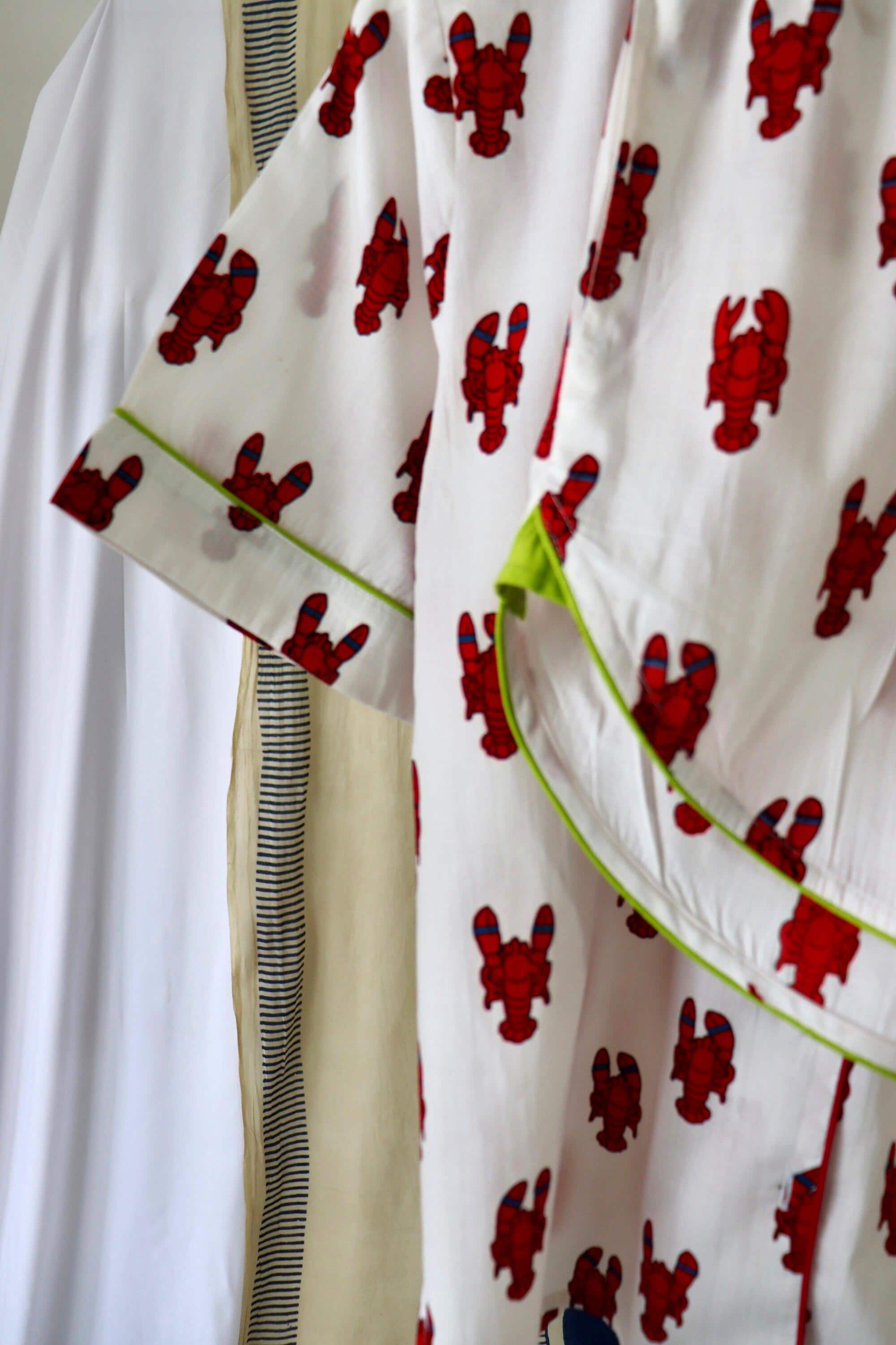 Lobster Print Cotton Pajama Set: Short Sleeve Top & Shorts with Piping