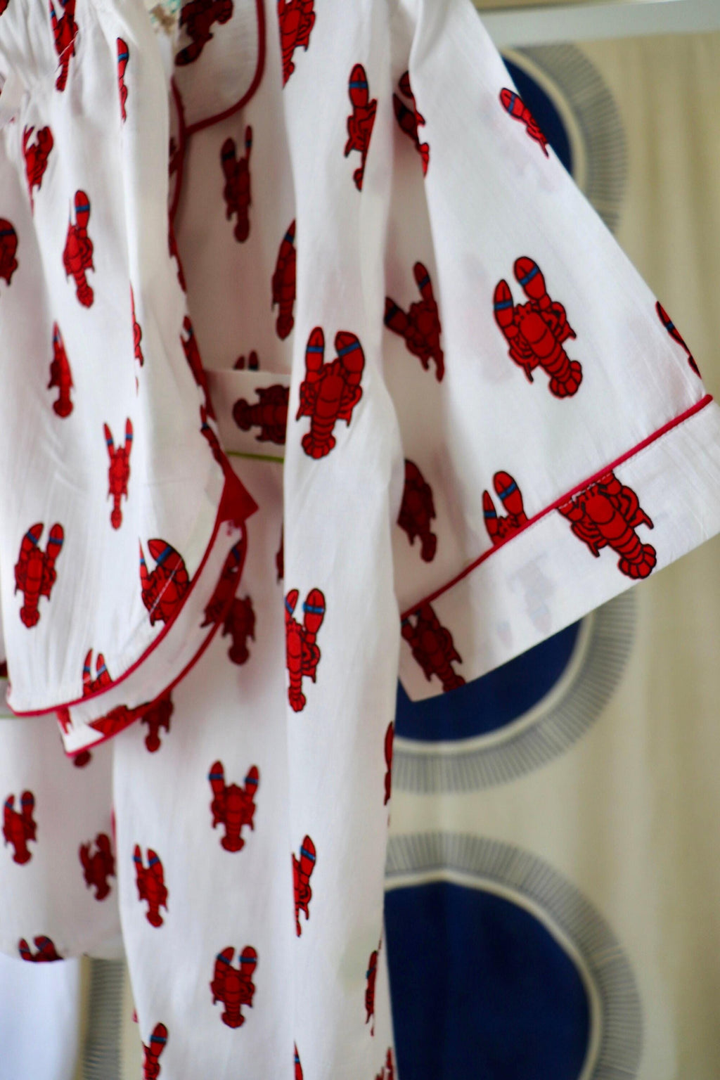 Lobster Print Cotton Pajama Set: Short Sleeve Top & Shorts with Piping