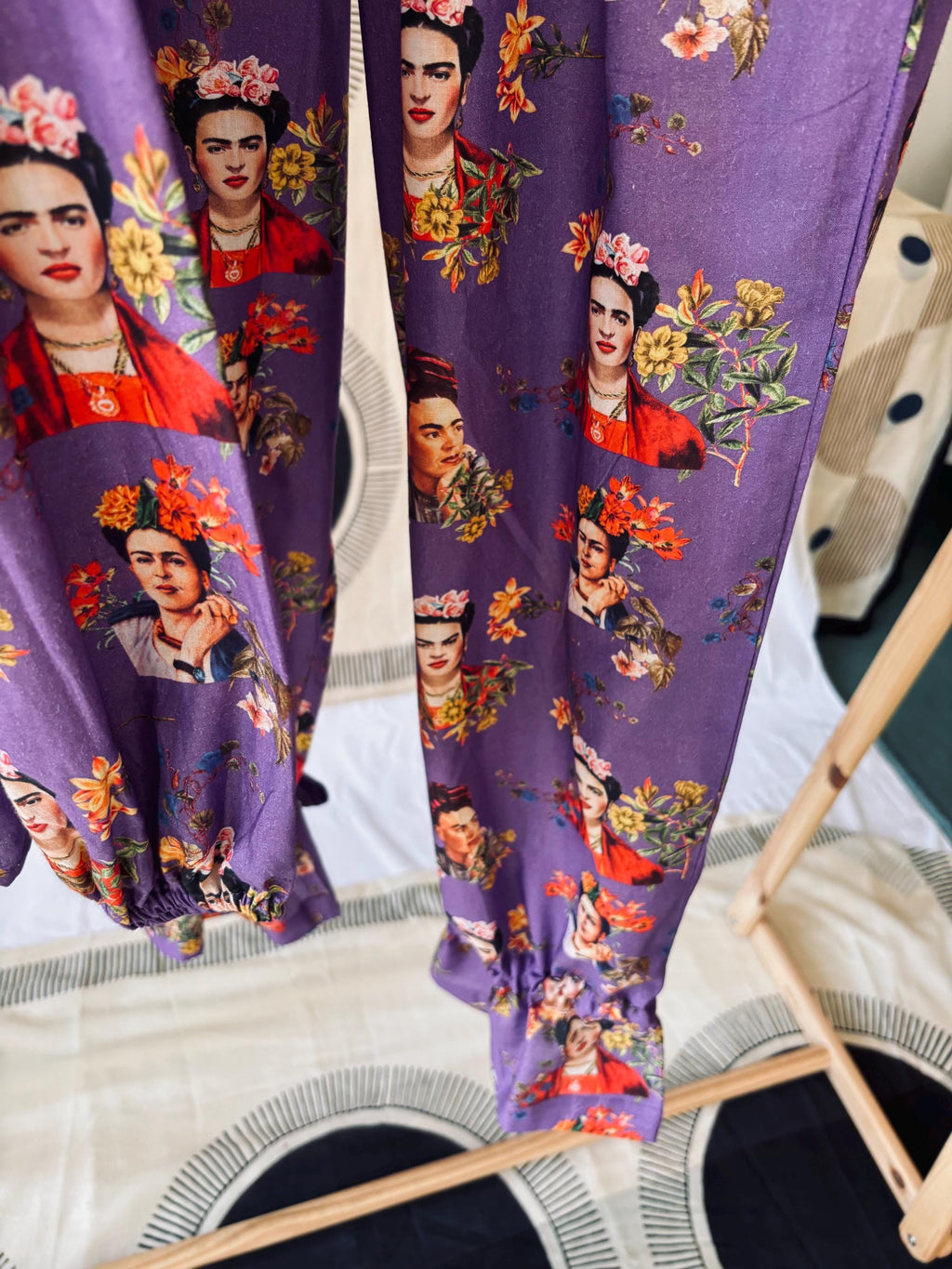 Frida Kahlo Print Cotton Pajama Set: Victorian Style Purple Loungewear
