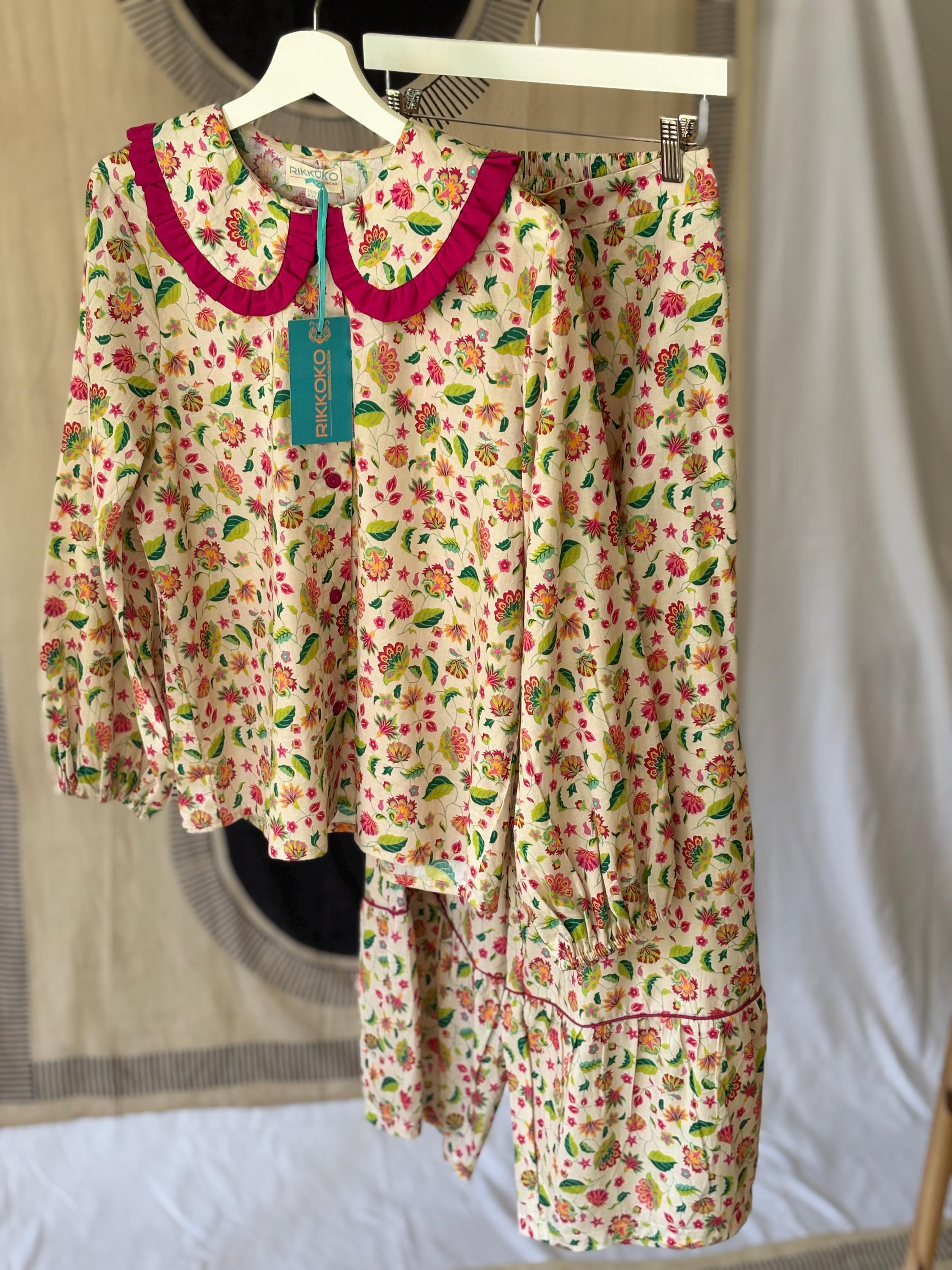 Victorian Floral Cotton Pyjama Set: Magenta Ruffle Trim