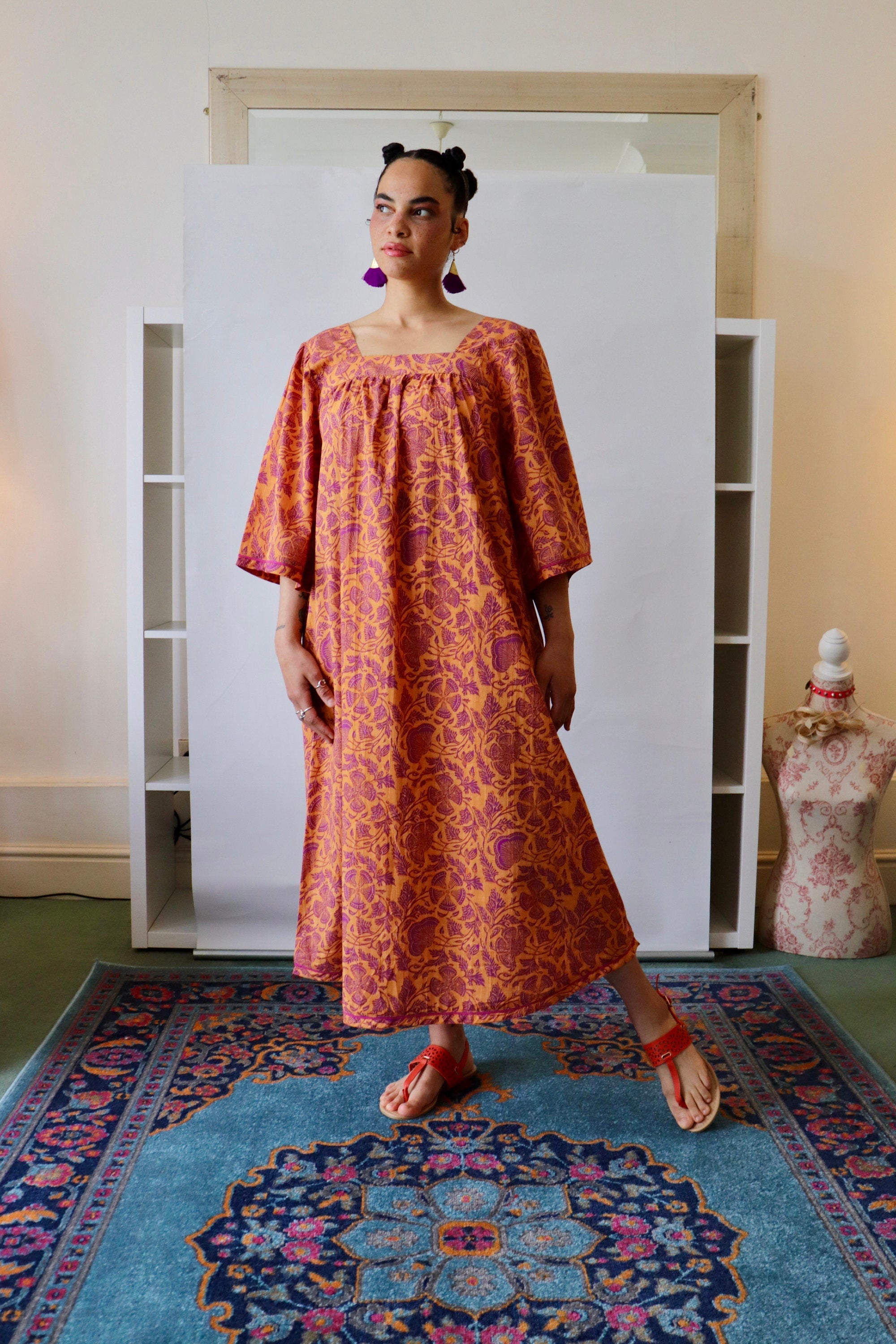 Floral Cotton Summer Dress: Block Print Lounge Dress with Sleeves