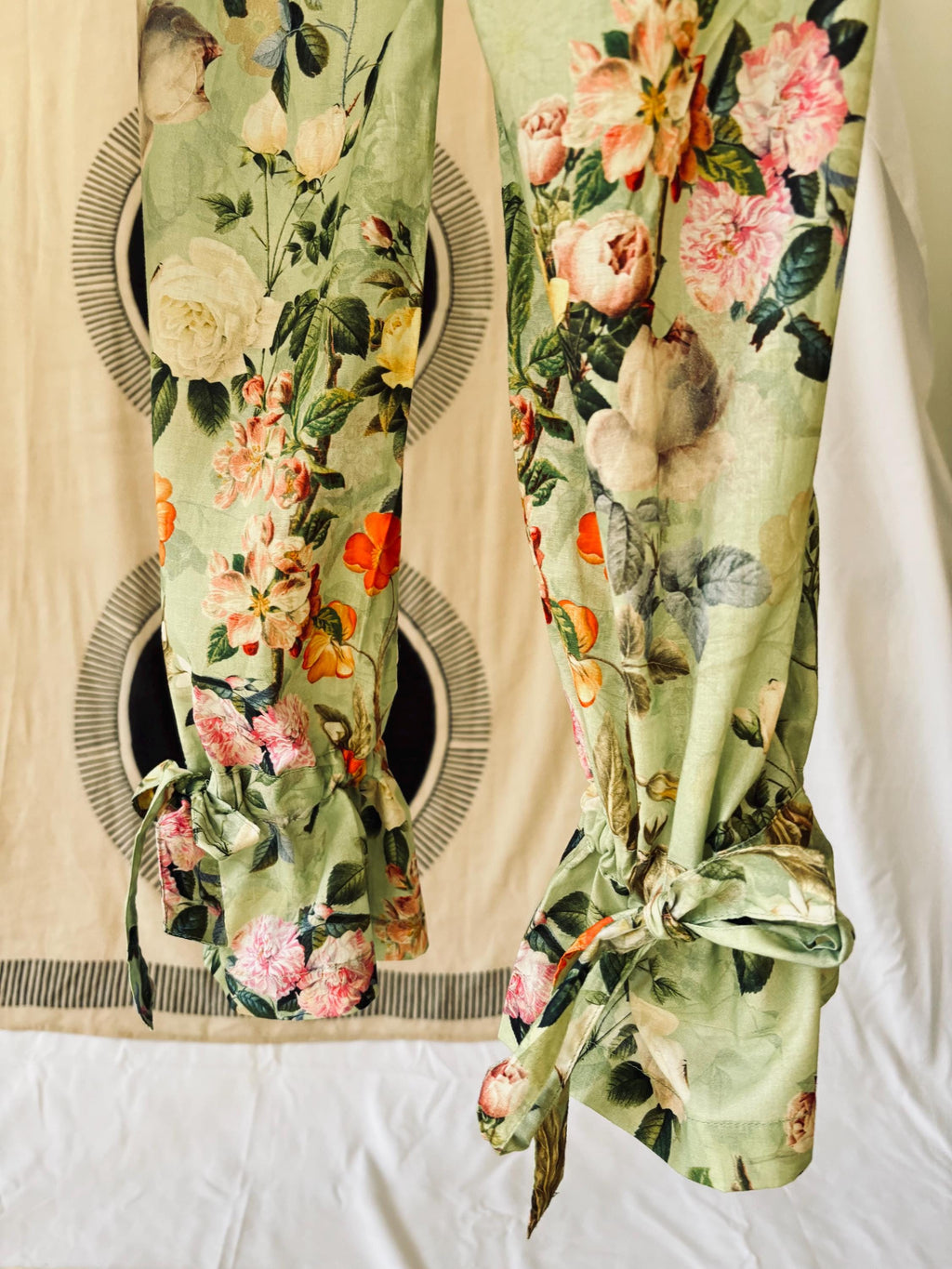 Victorian Floral Cotton Pajama Set: Sage Green & Orange Ruffle Trim