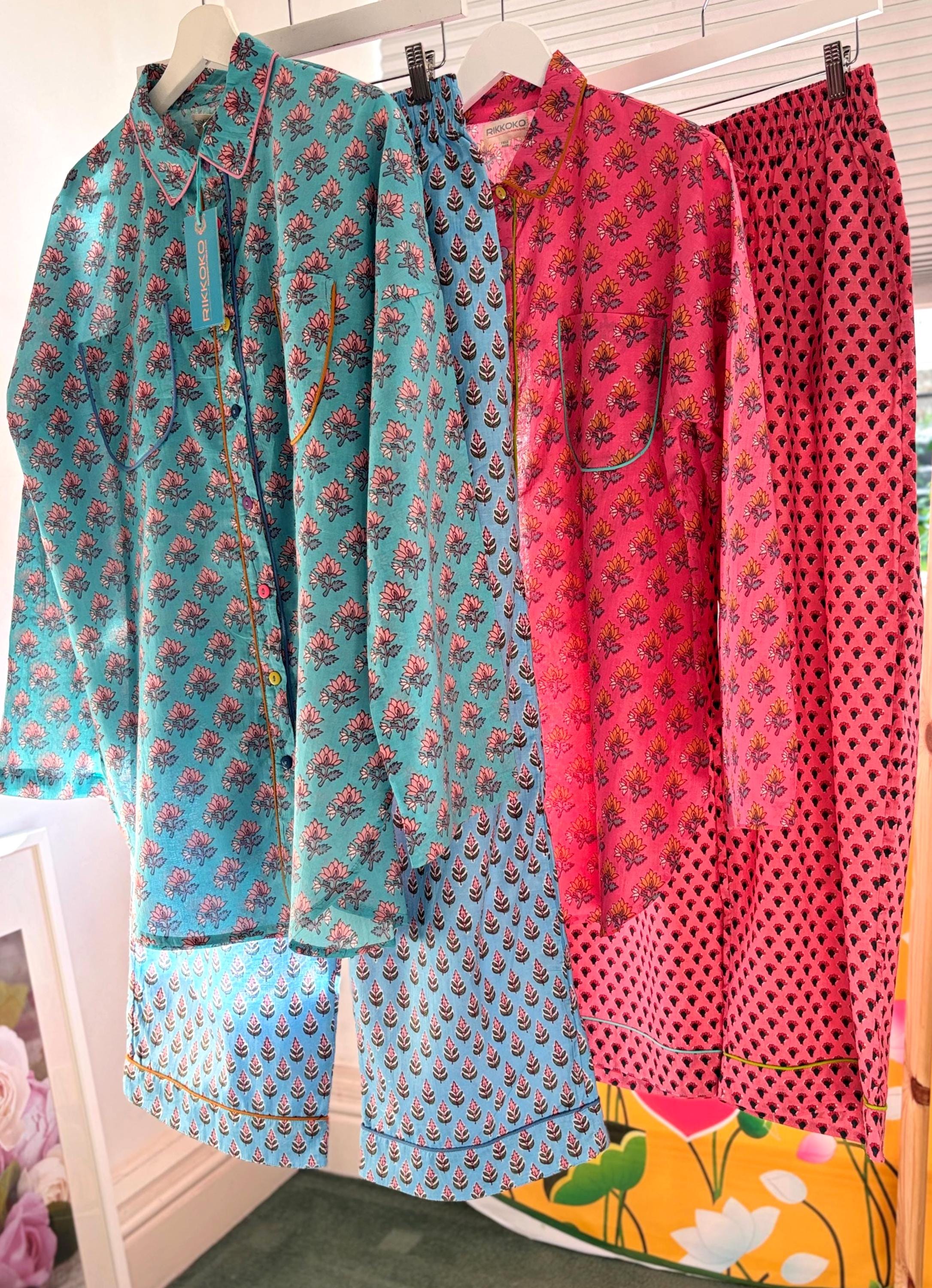 pyjama woman set coordinate  light cotton with yellow  flower on pink base