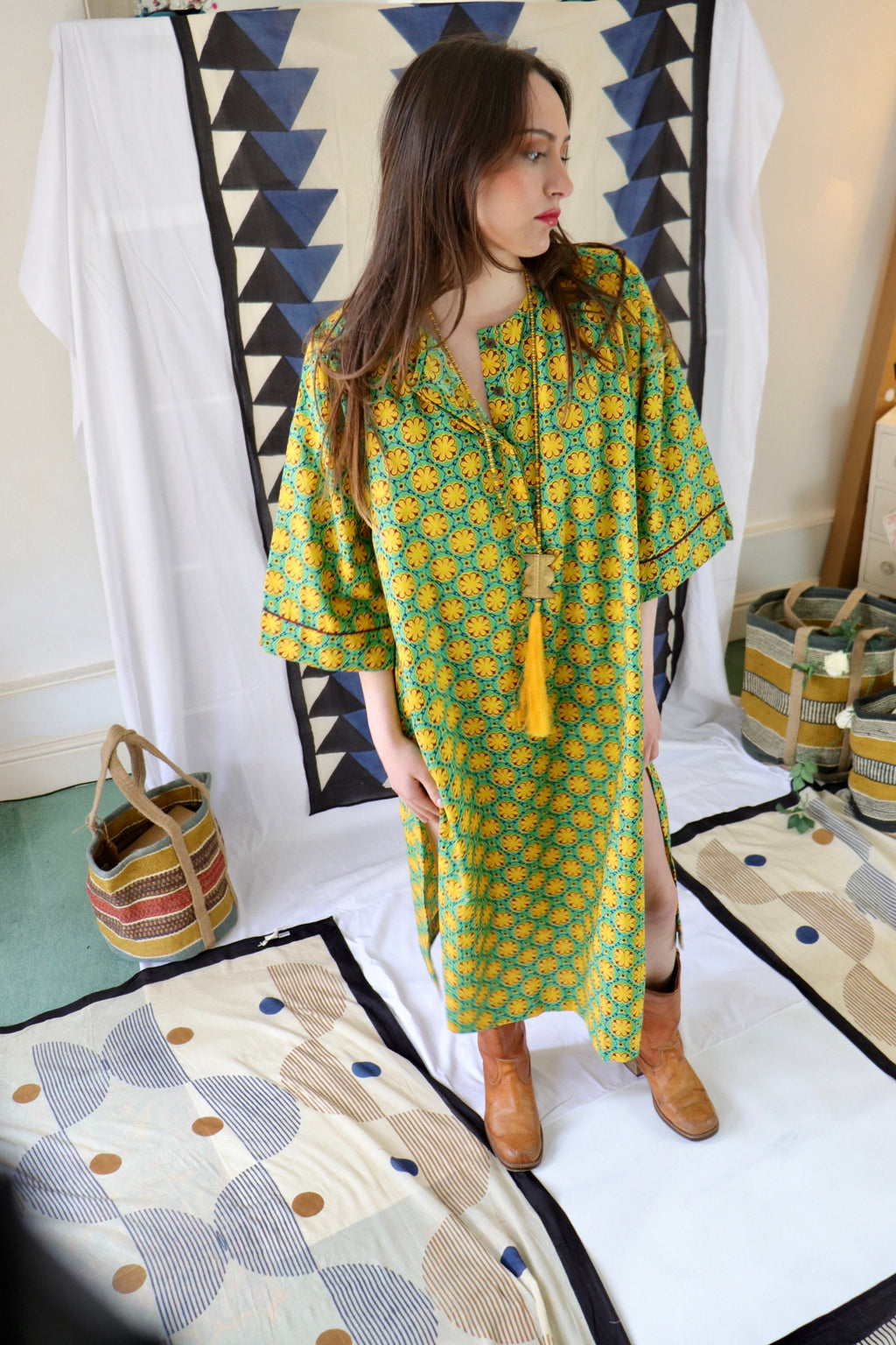 Cotton Kaftan Shirt|dress Floral Print Tunic on a light green and yellow palette