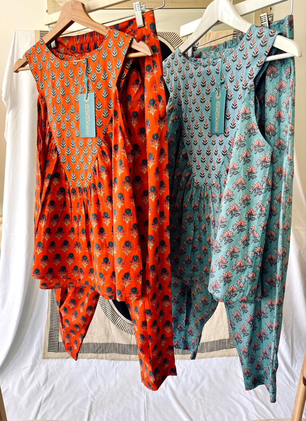 Floral Block Print Cotton Coordinate Set: Sleeveless Top & High-Waisted Pants