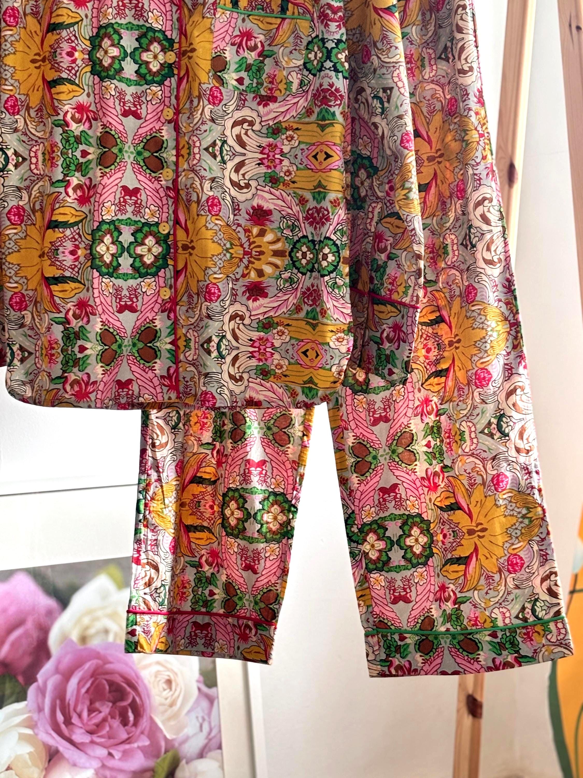 Woman Pyjama cotton Set  Yellow Prism Print and Contrast Piping long pants and sleeves