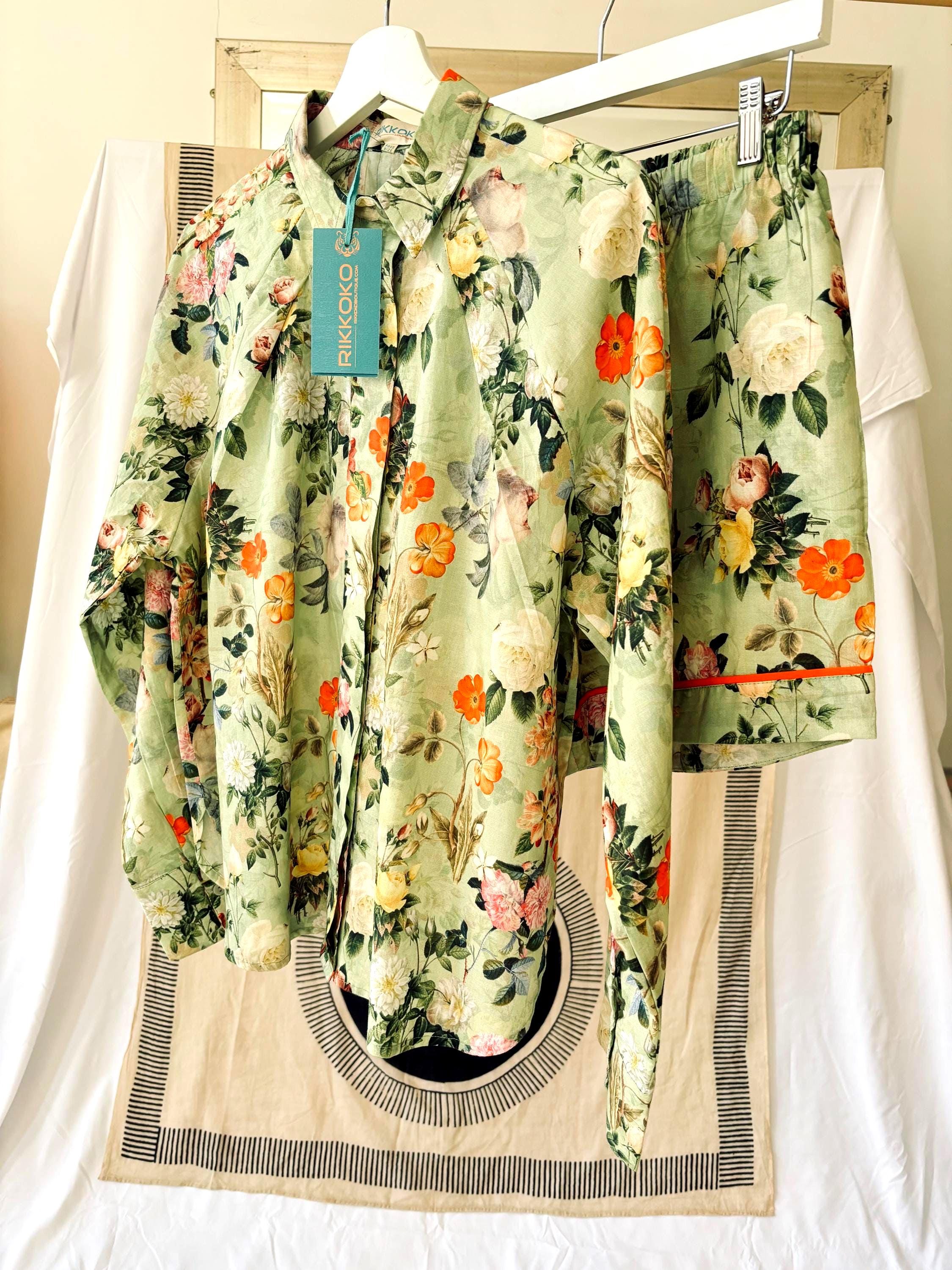 Vintage Floral Print Cotton woman shirt  Sage Green & Orange palette