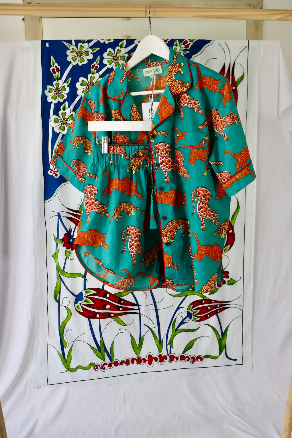 Cotton Pyjama Set: Green Orange Panther Print, Short Sleeve Piped Loungewear