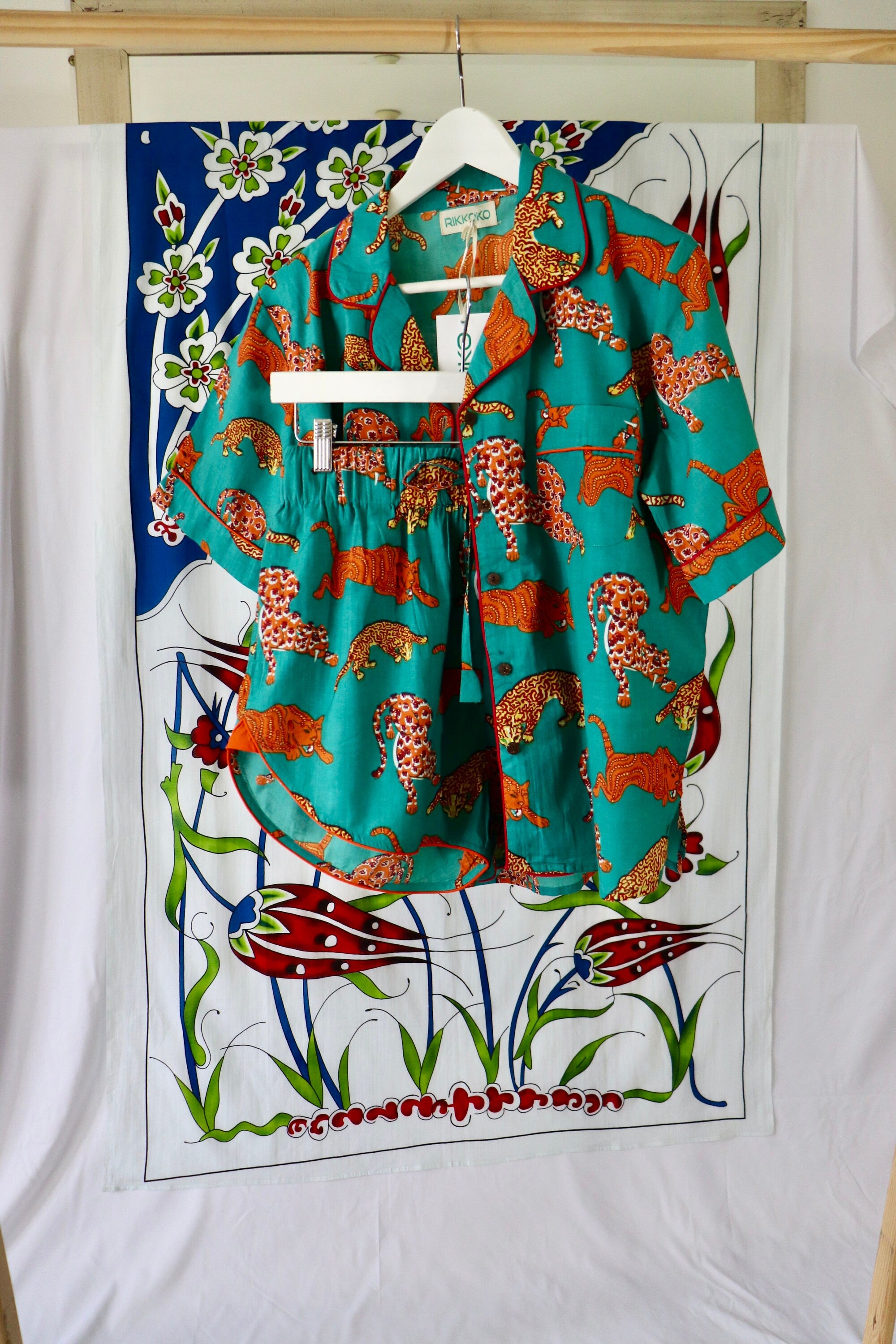 Cotton Pyjama Set: Green Orange Panther Print, Short Sleeve Piped Loungewear