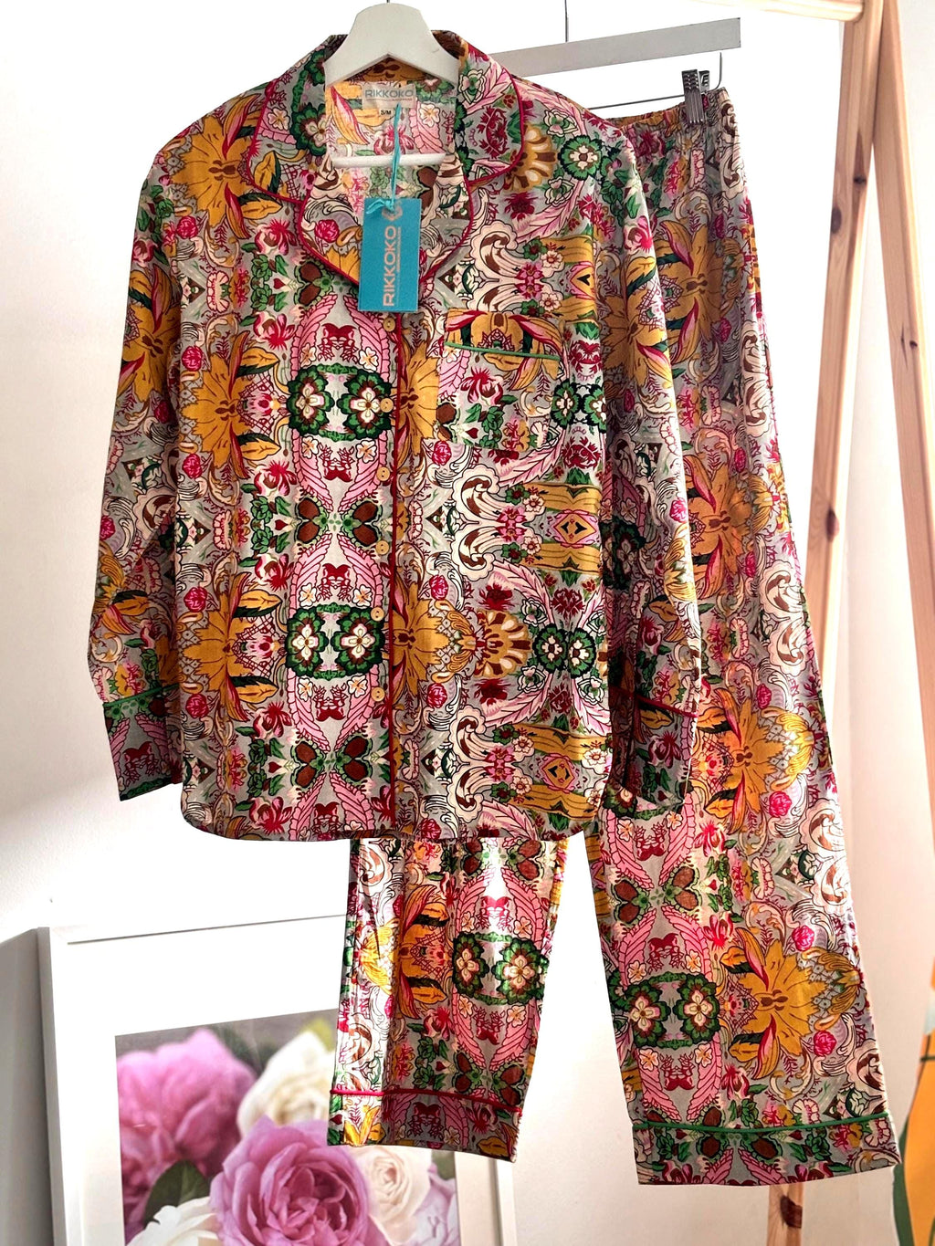 Woman Pyjama cotton Set  Yellow Prism Print and Contrast Piping long pants and sleeves