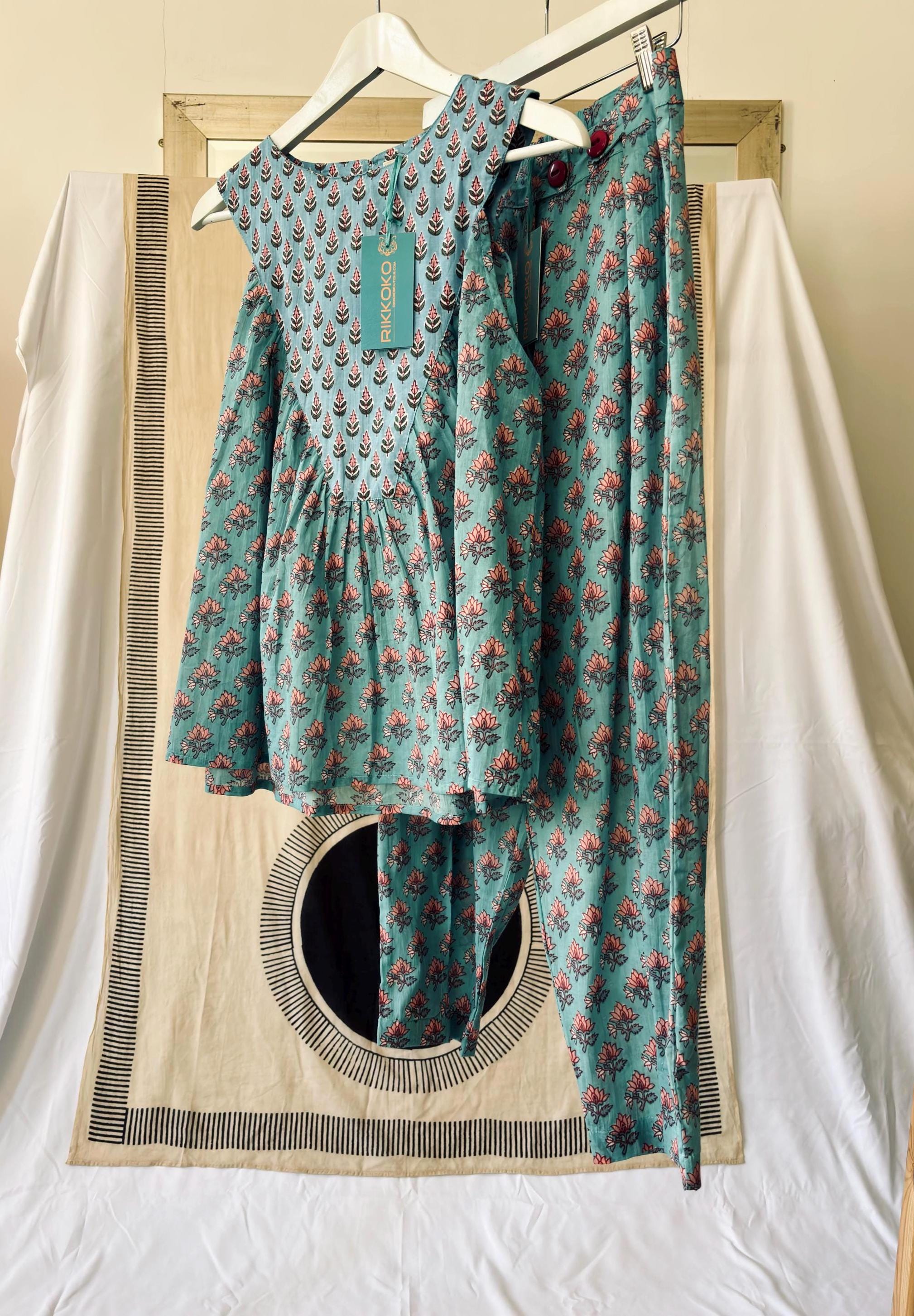 Floral Block Print Cotton Coordinate Set: Sleeveless Top & High-Waisted Pants