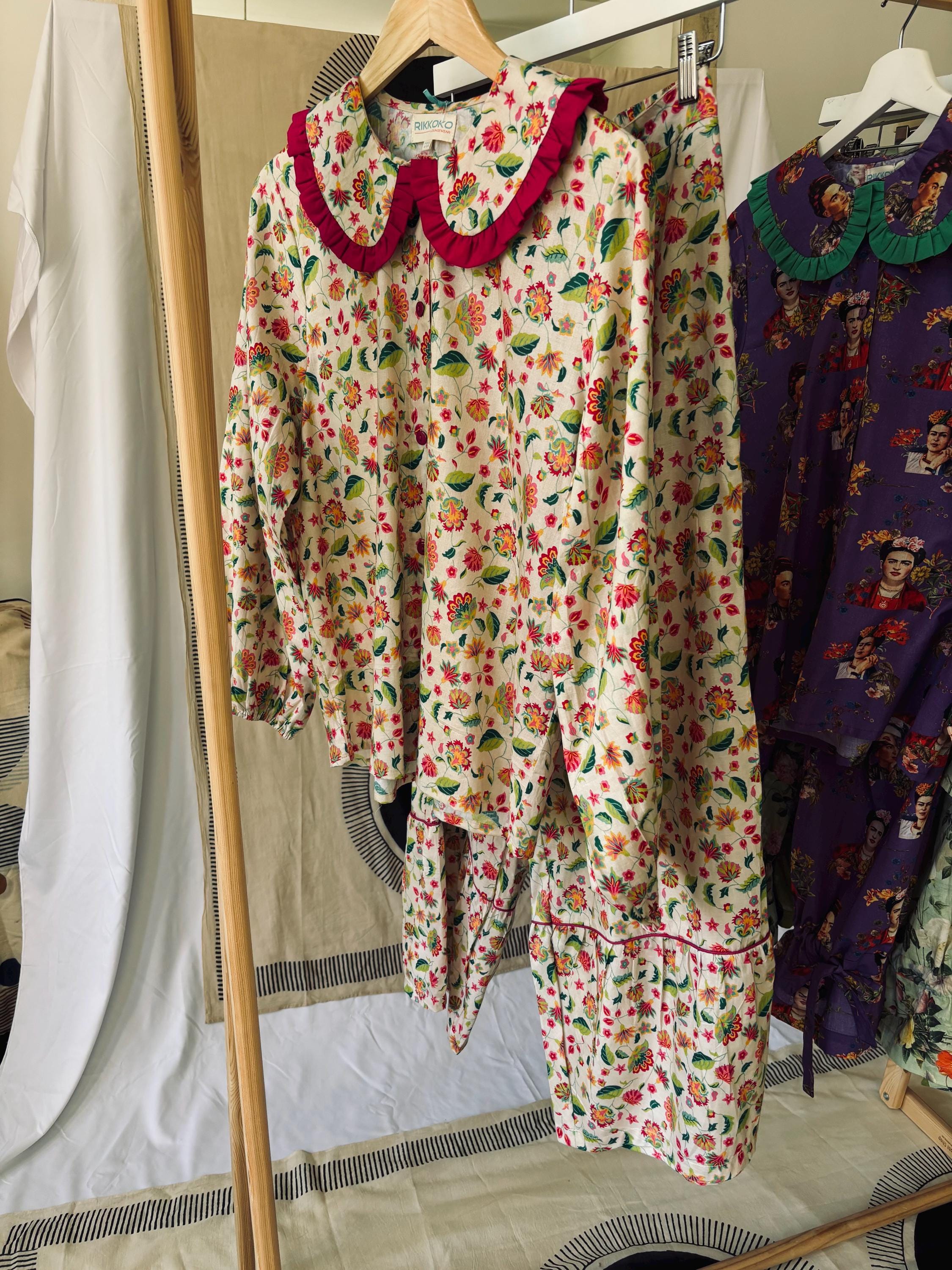 Victorian Floral Cotton Pajama Set: Sage Green & Orange Ruffle Trim