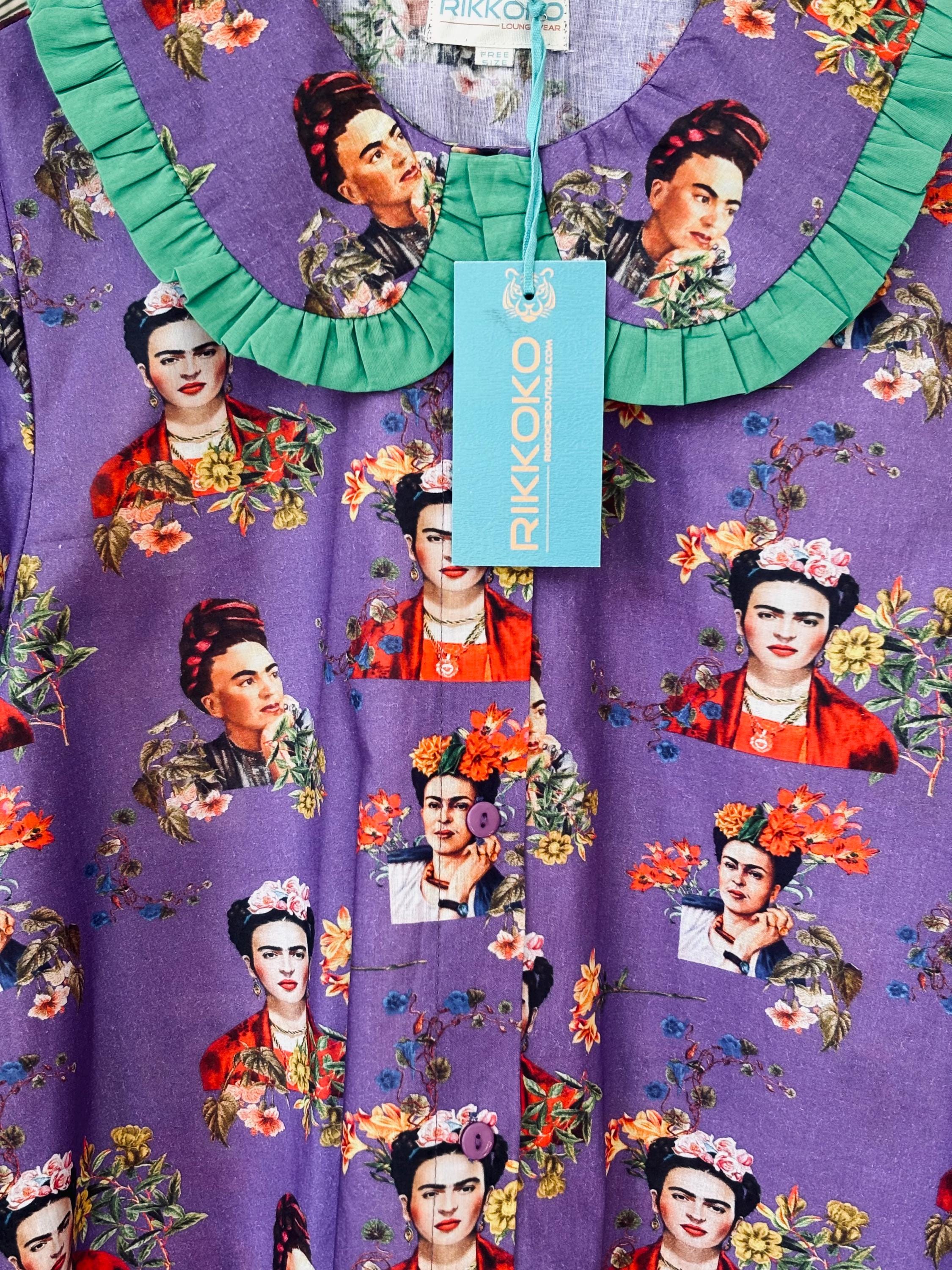 Frida Kahlo Print Cotton Pajama Set: Victorian Style Purple Loungewear
